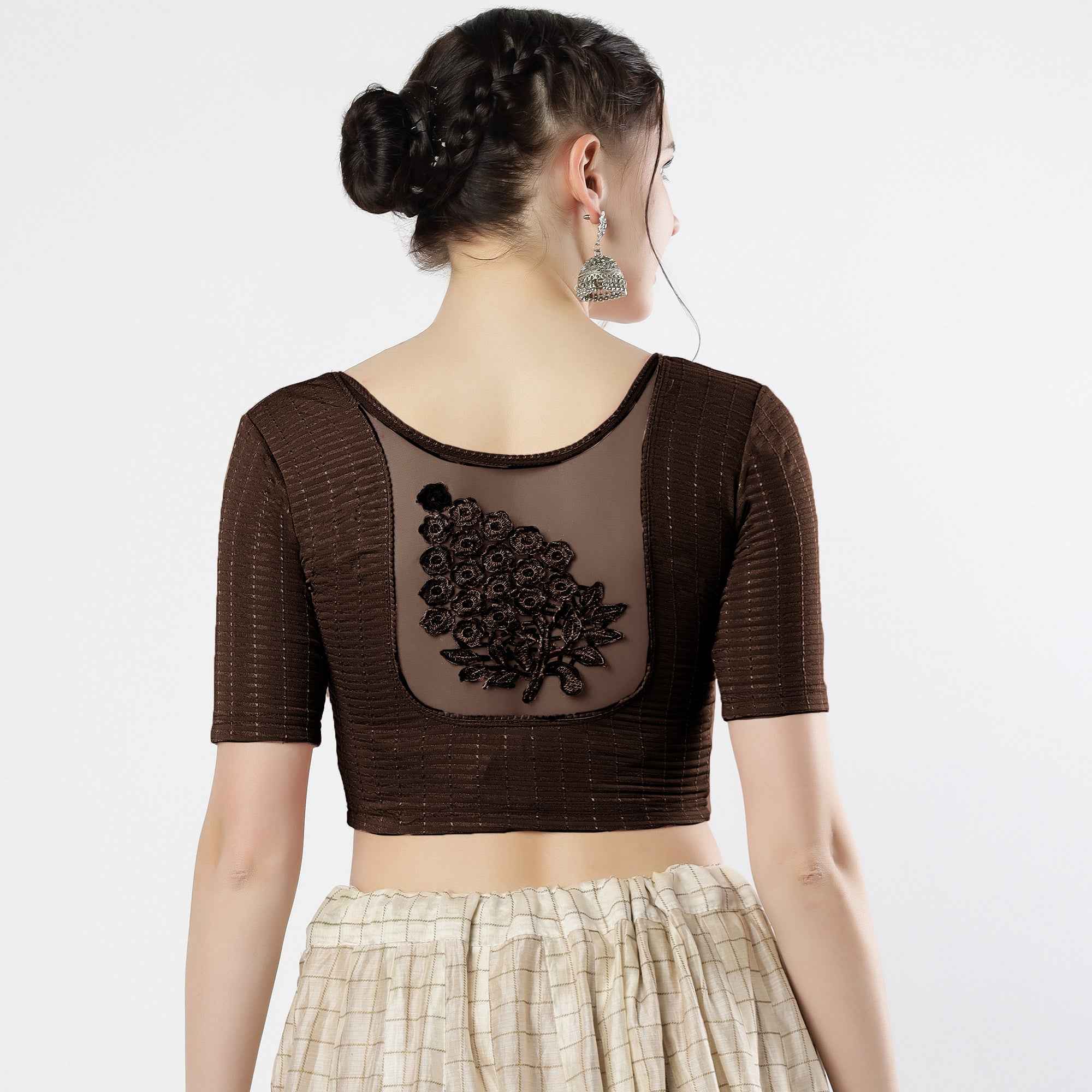 Stay On Trend: Latest Fashion Readymade Blouses for Women,round neckline,elbow sleeves with back details with an added hand dyed patch applique stitched on the net .40005