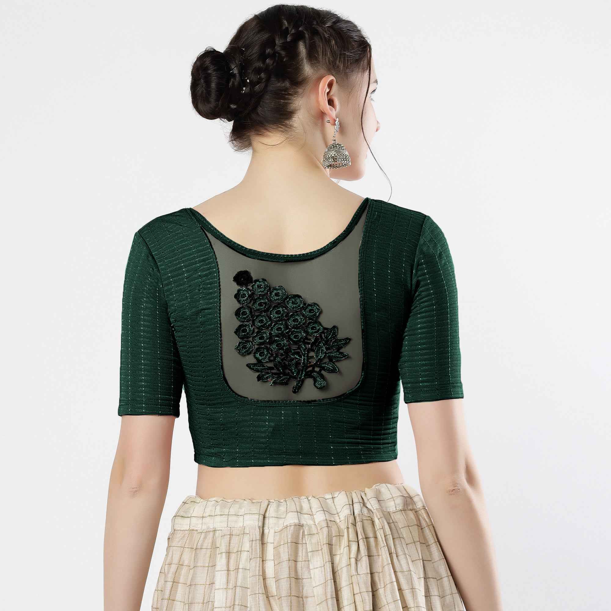 Stay On Trend: Latest Fashion Readymade Blouses for Women,round neckline,elbow sleeves with back details with an added hand dyed patch applique stitched on the net .40005