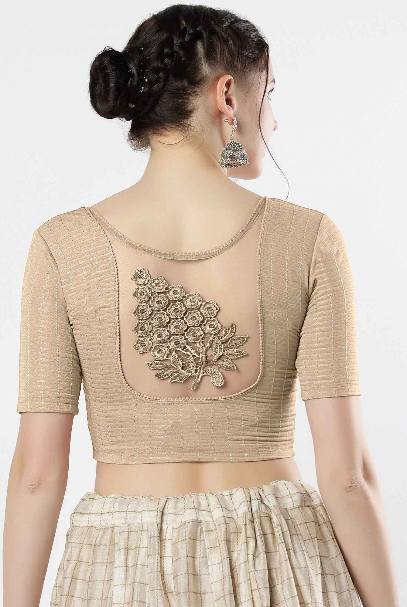 Stay On Trend: Latest Fashion Readymade Blouses for Women,round neckline,elbow sleeves with back details with an added hand dyed patch applique stitched on the net .40005
