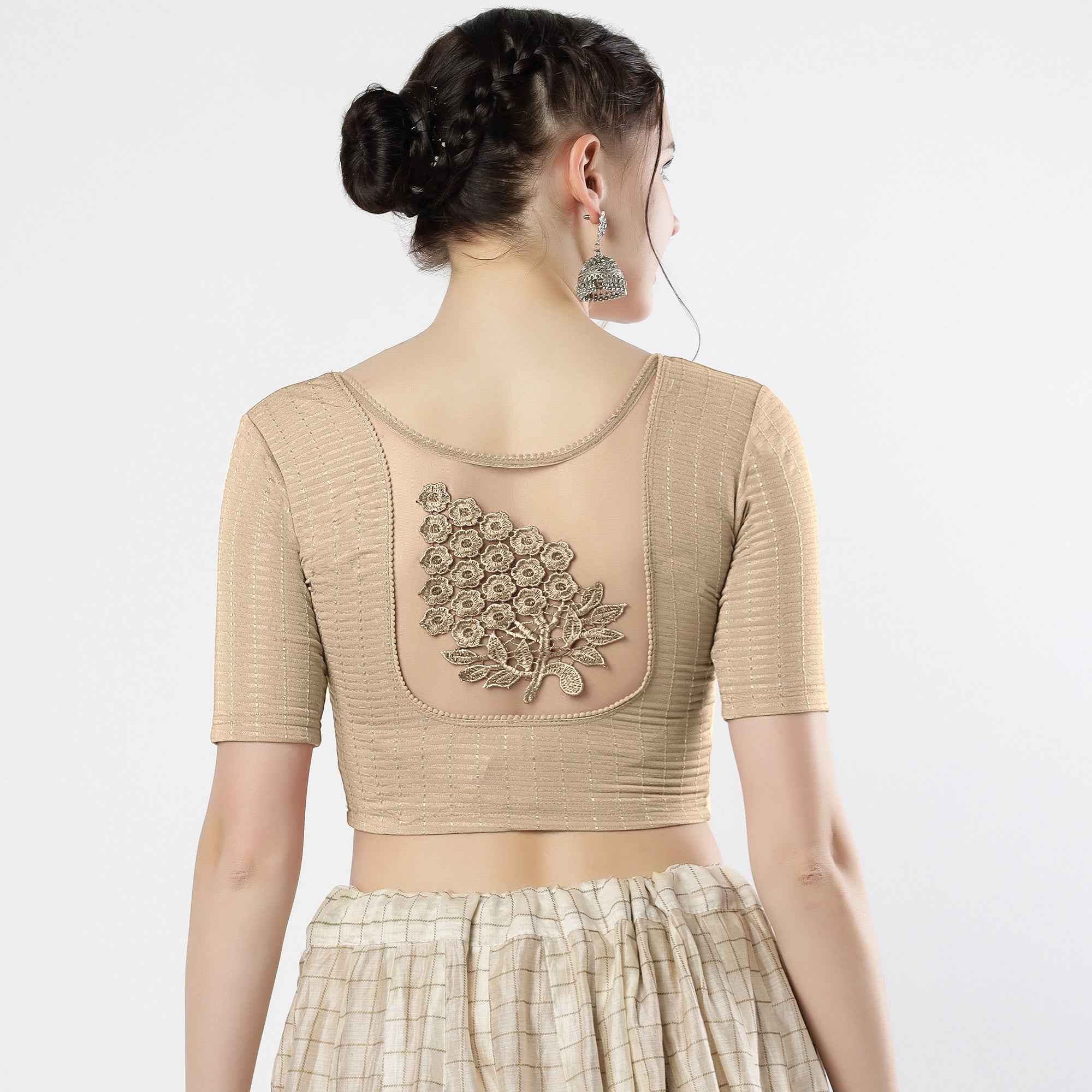 Stay On Trend: Latest Fashion Readymade Blouses for Women,round neckline,elbow sleeves with back details with an added hand dyed patch applique stitched on the net .40005