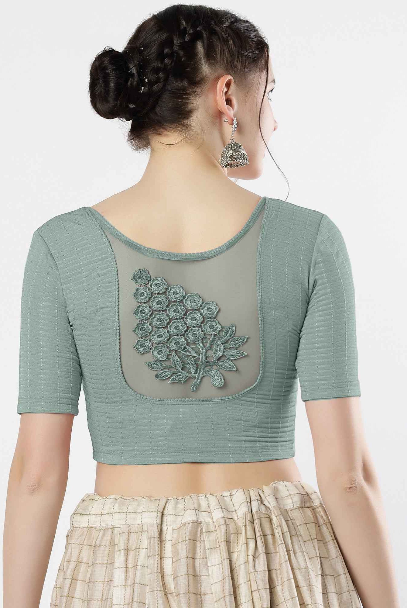 Stay On Trend: Latest Fashion Readymade Blouses for Women,round neckline,elbow sleeves with back details with an added hand dyed patch applique stitched on the net .40005