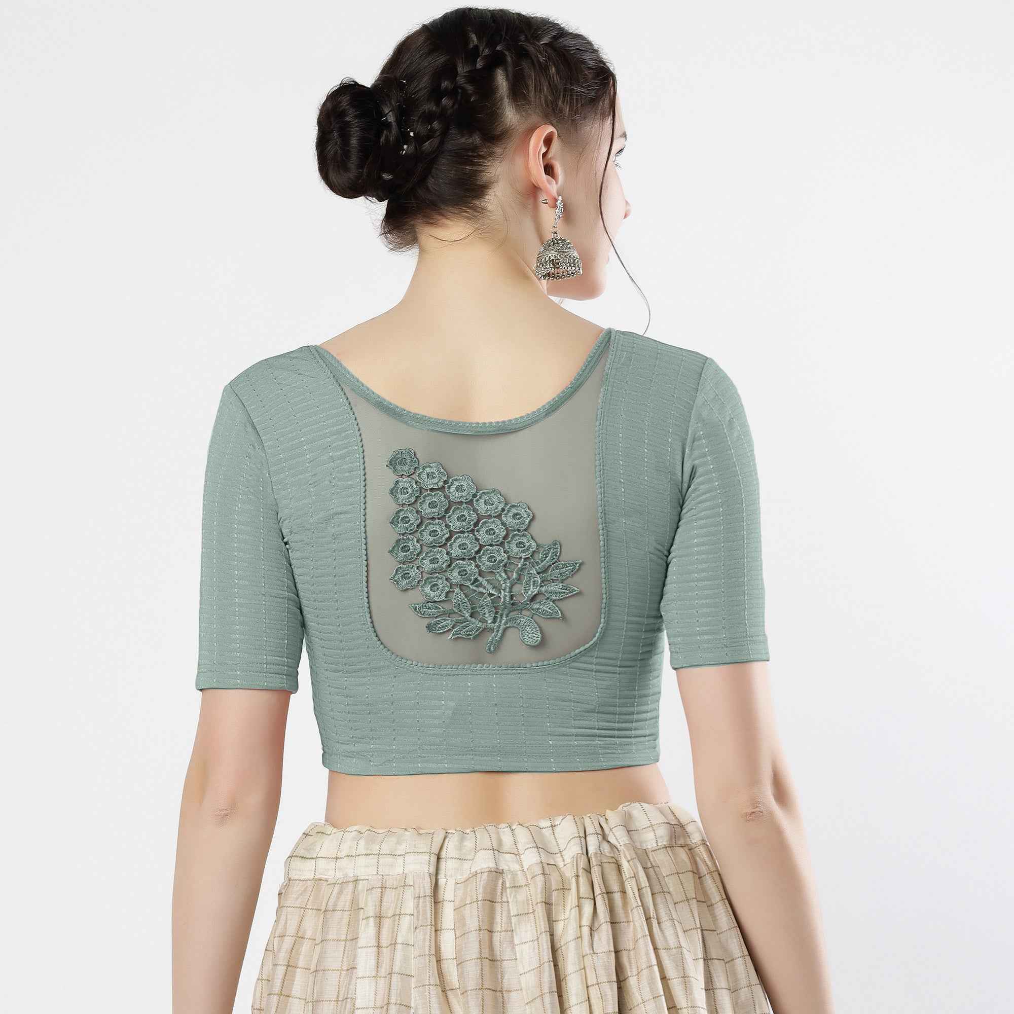 Stay On Trend: Latest Fashion Readymade Blouses for Women,round neckline,elbow sleeves with back details with an added hand dyed patch applique stitched on the net .40005