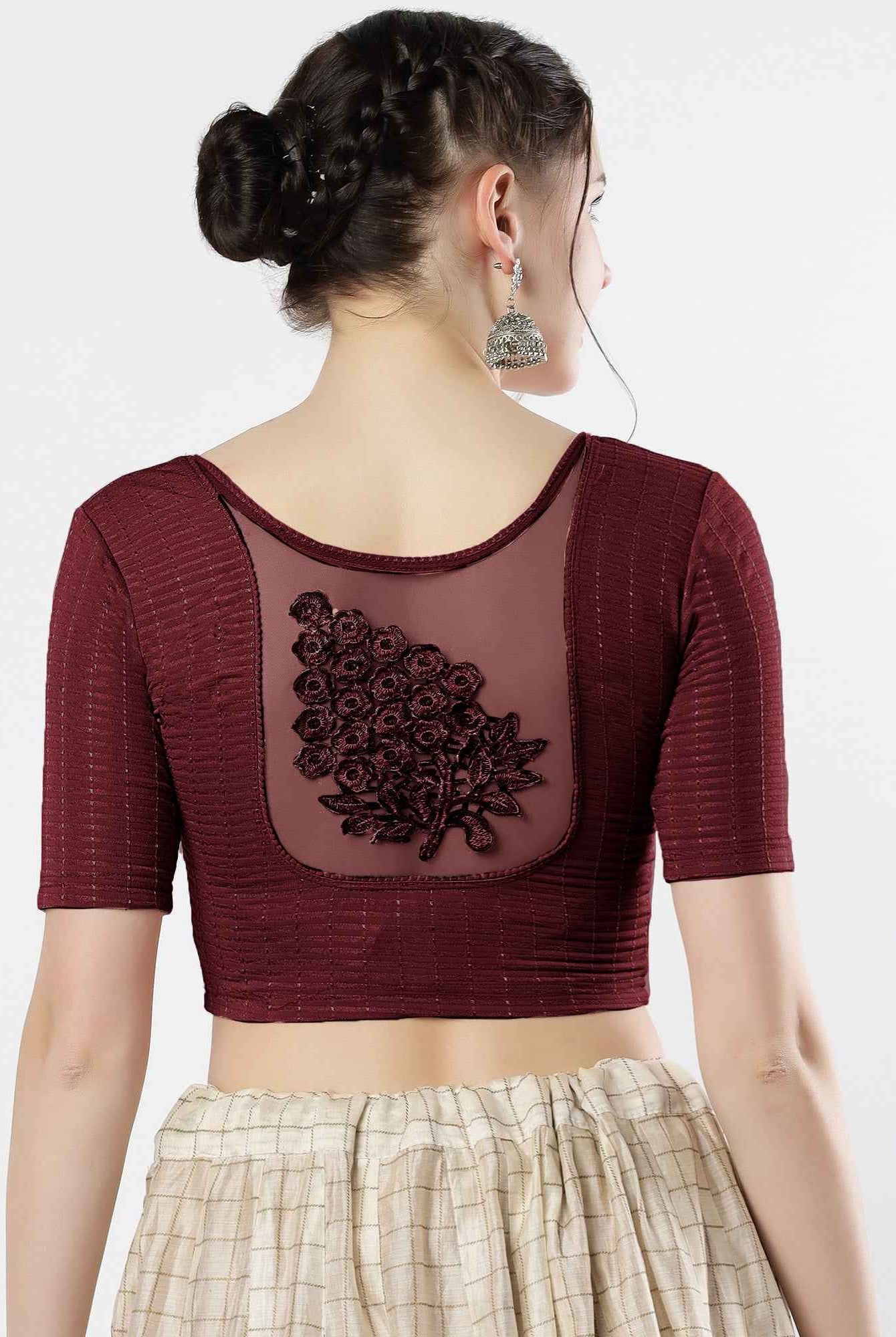 Stay On Trend: Latest Fashion Readymade Blouses for Women,round neckline,elbow sleeves with back details with an added hand dyed patch applique stitched on the net .40005