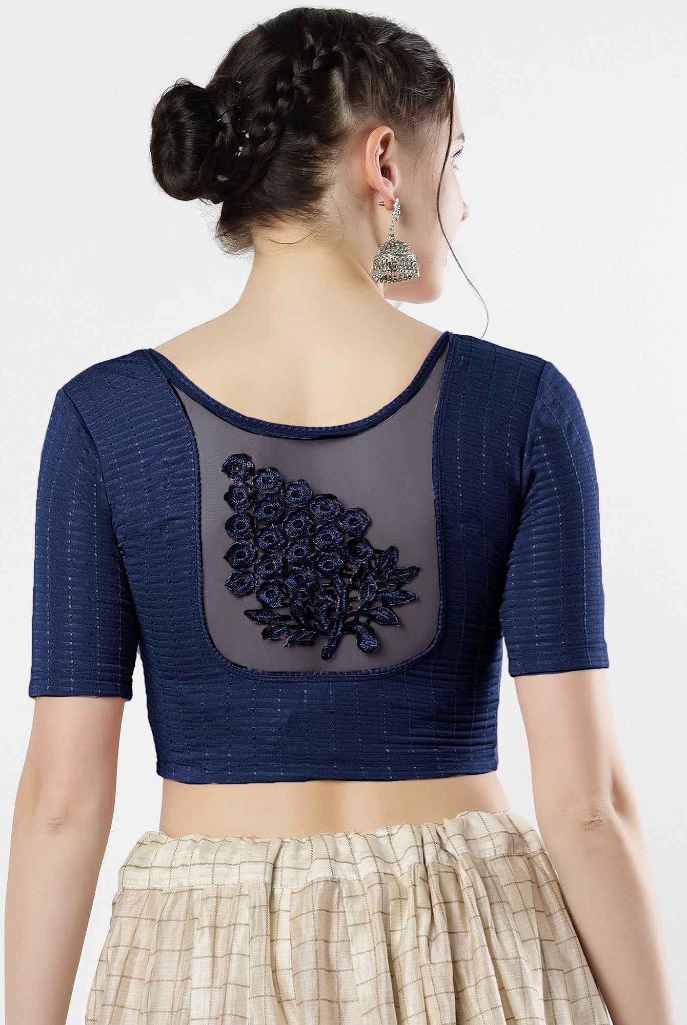 Stay On Trend: Latest Fashion Readymade Blouses for Women,round neckline,elbow sleeves with back details with an added hand dyed patch applique stitched on the net .40005
