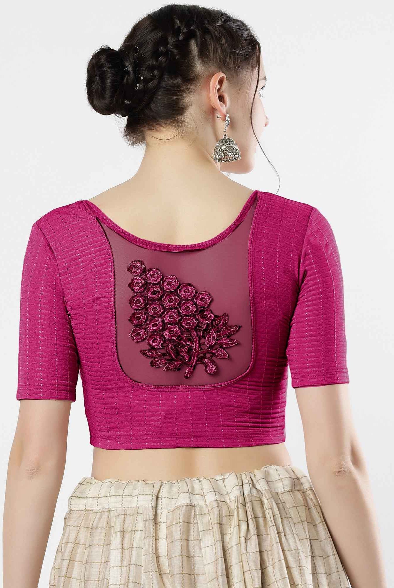 Stay On Trend: Latest Fashion Readymade Blouses for Women,round neckline,elbow sleeves with back details with an added hand dyed patch applique stitched on the net .40005