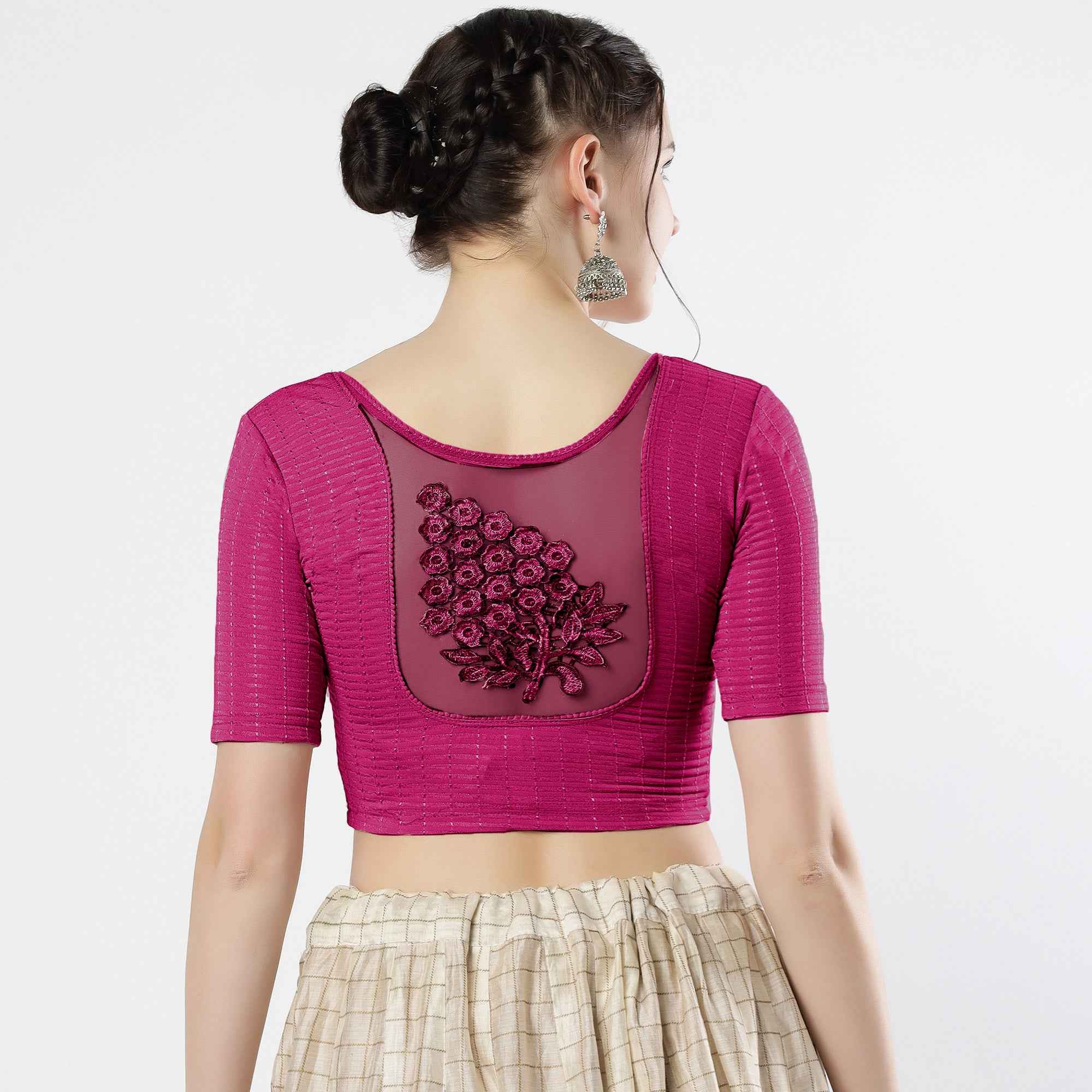 Stay On Trend: Latest Fashion Readymade Blouses for Women,round neckline,elbow sleeves with back details with an added hand dyed patch applique stitched on the net .40005