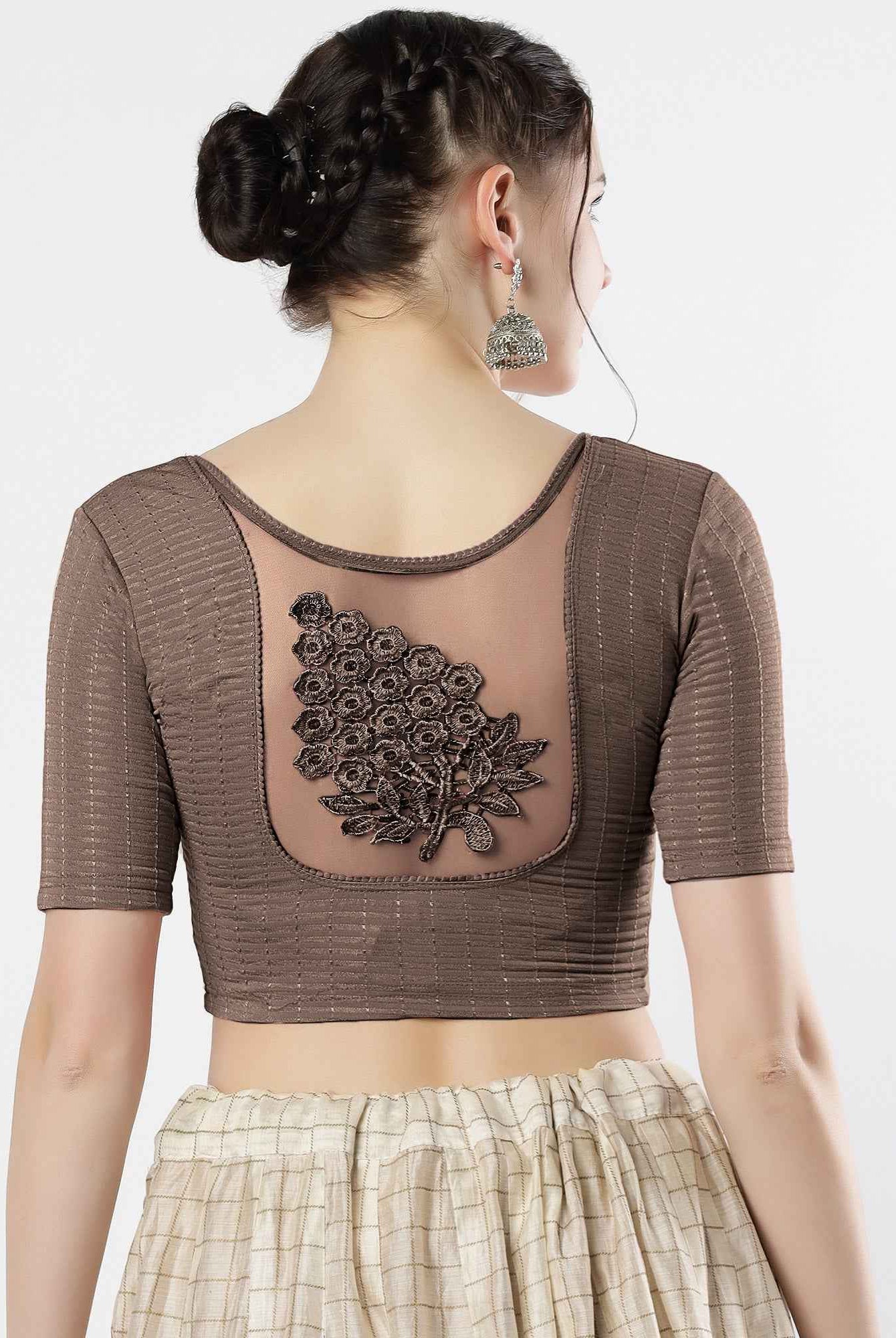 Stay On Trend: Latest Fashion Readymade Blouses for Women,round neckline,elbow sleeves with back details with an added hand dyed patch applique stitched on the net .40005