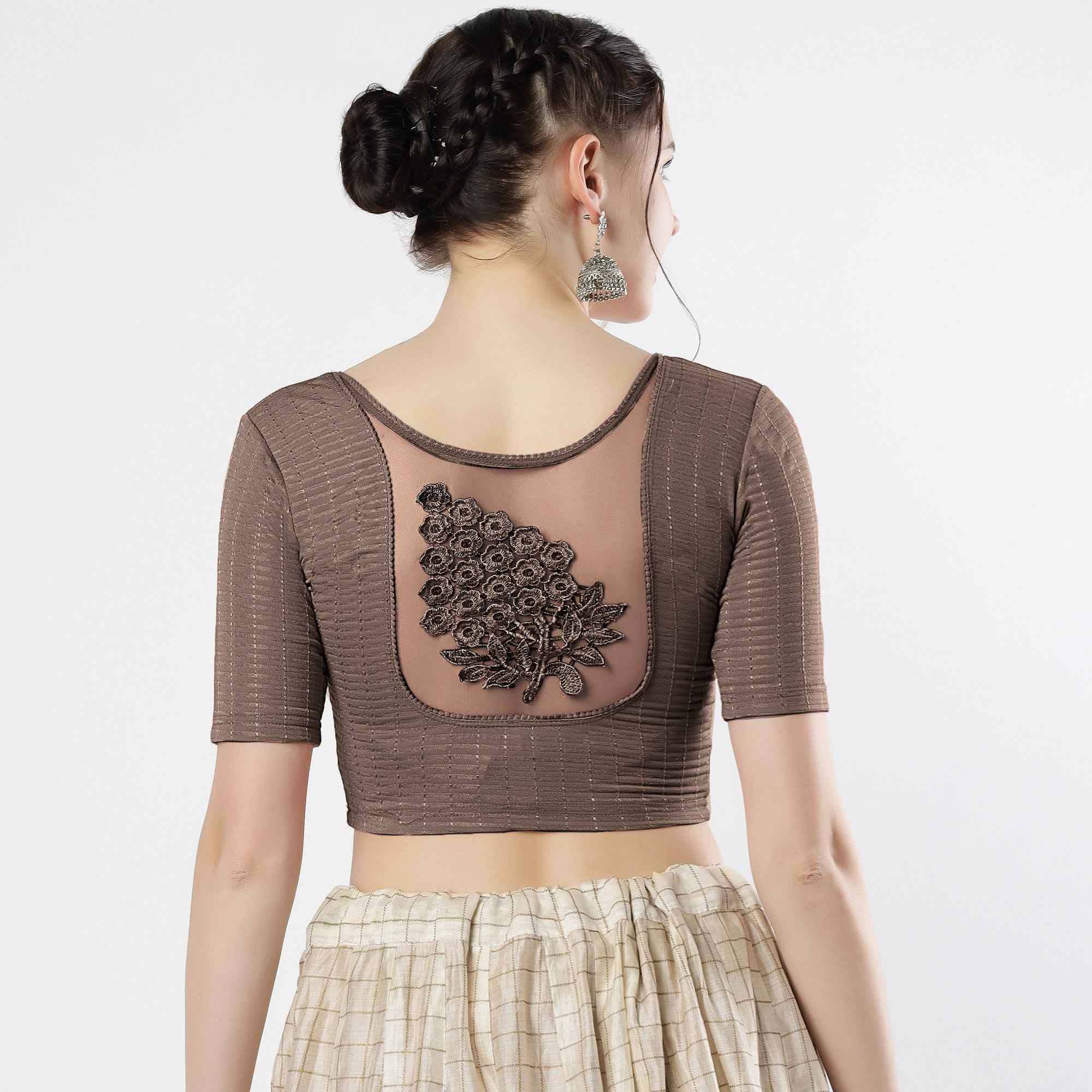 Stay On Trend: Latest Fashion Readymade Blouses for Women,round neckline,elbow sleeves with back details with an added hand dyed patch applique stitched on the net .40005