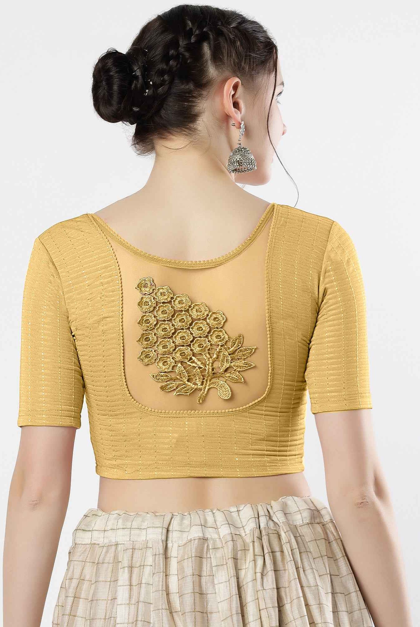 Stay On Trend: Latest Fashion Readymade Blouses for Women,round neckline,elbow sleeves with back details with an added hand dyed patch applique stitched on the net .40005