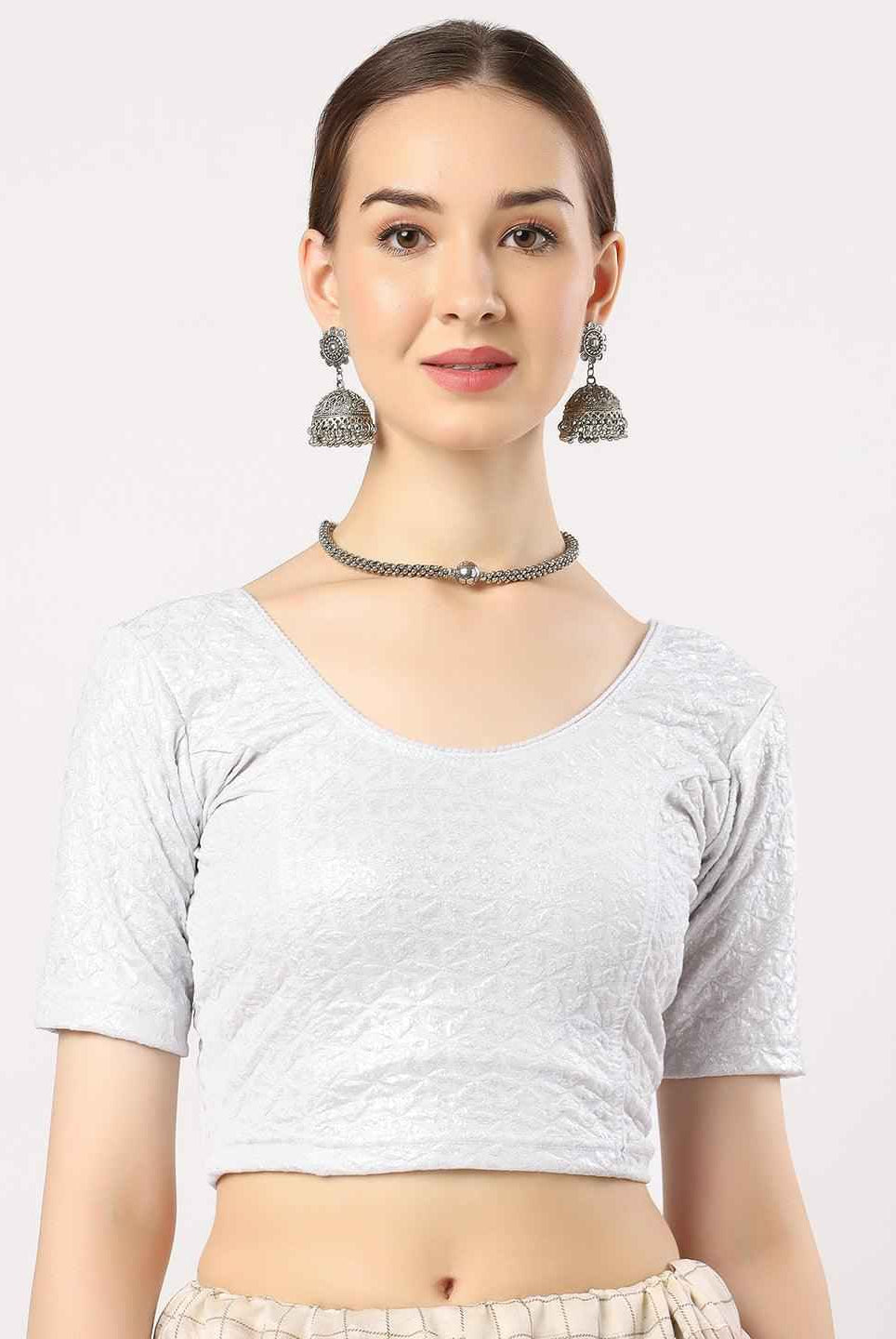 Stay On Trend: Latest Fashion Readymade Blouses for Women,round neckline,elbow sleeves in shimmer textured fabric.28008