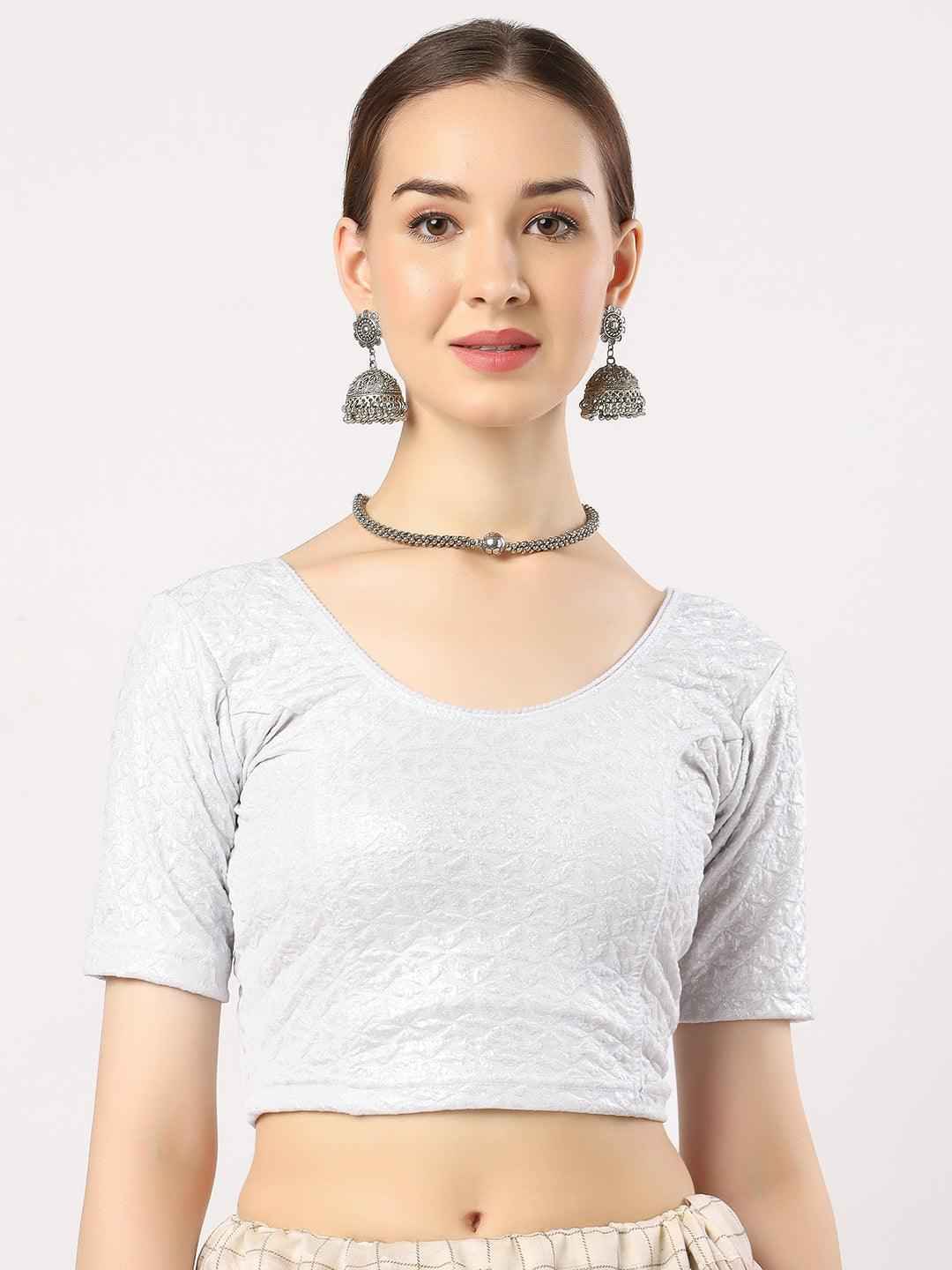 Stay On Trend: Latest Fashion Readymade Blouses for Women,round neckline,elbow sleeves in shimmer textured fabric.28008