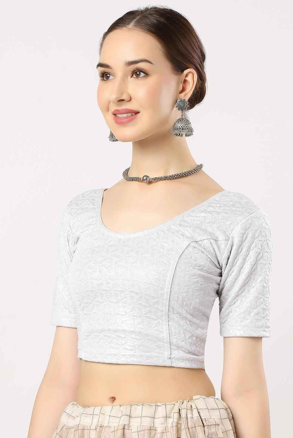 Stay On Trend: Latest Fashion Readymade Blouses for Women,round neckline,elbow sleeves in shimmer textured fabric.28008