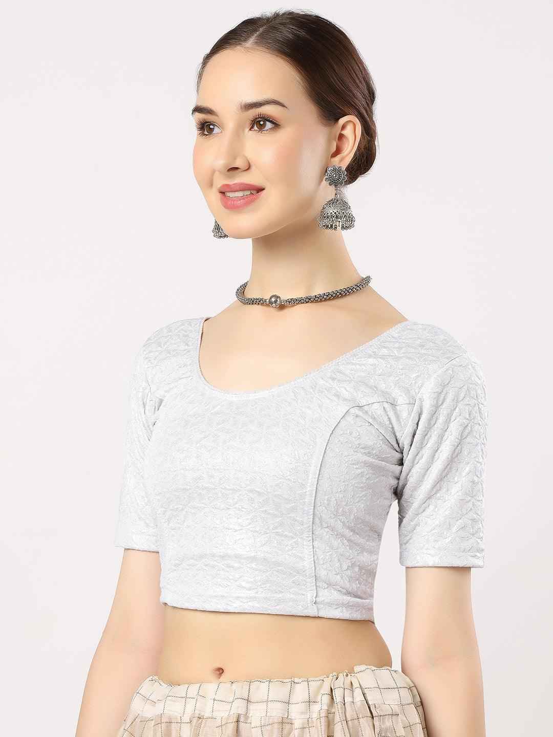 Stay On Trend: Latest Fashion Readymade Blouses for Women,round neckline,elbow sleeves in shimmer textured fabric.28008