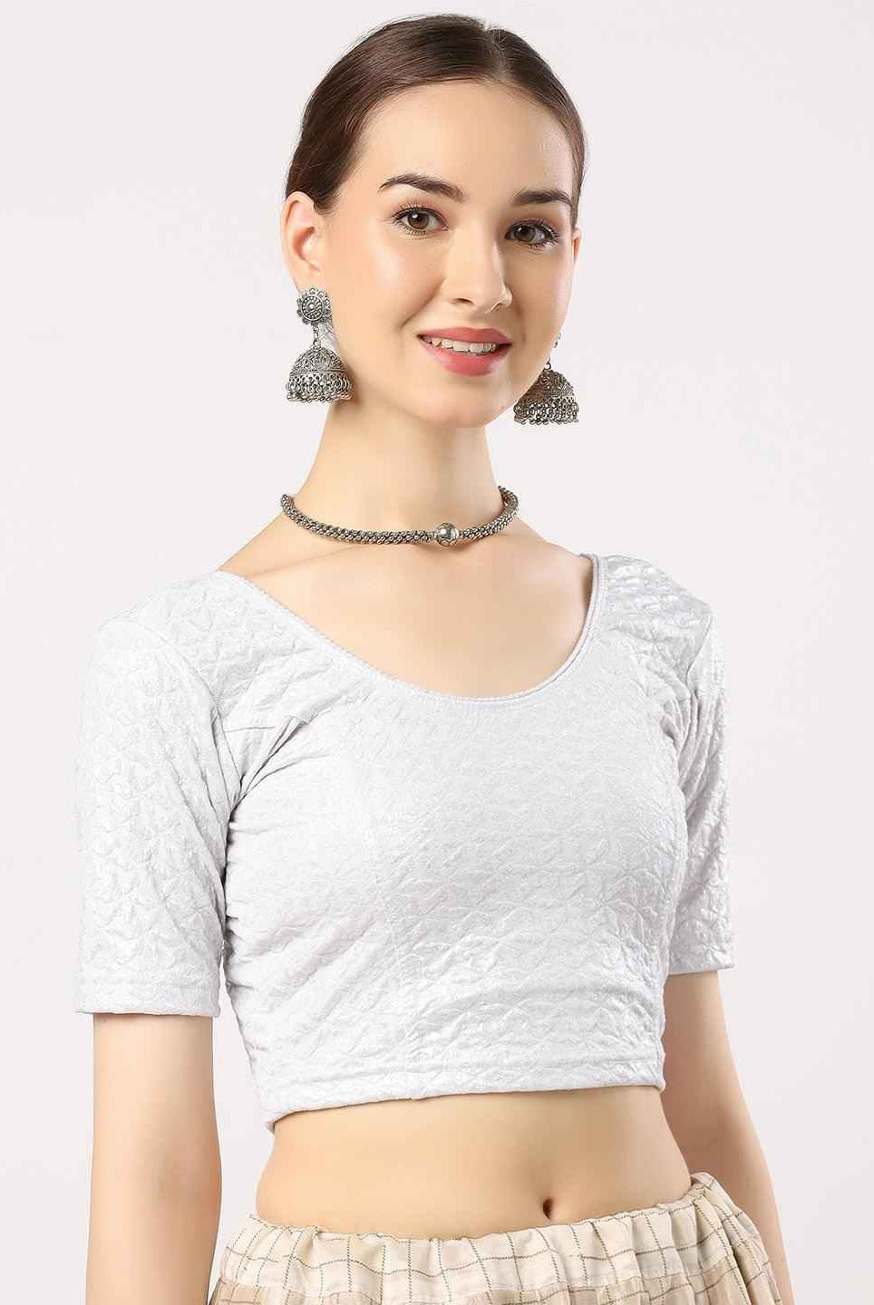 Stay On Trend: Latest Fashion Readymade Blouses for Women,round neckline,elbow sleeves in shimmer textured fabric.28008