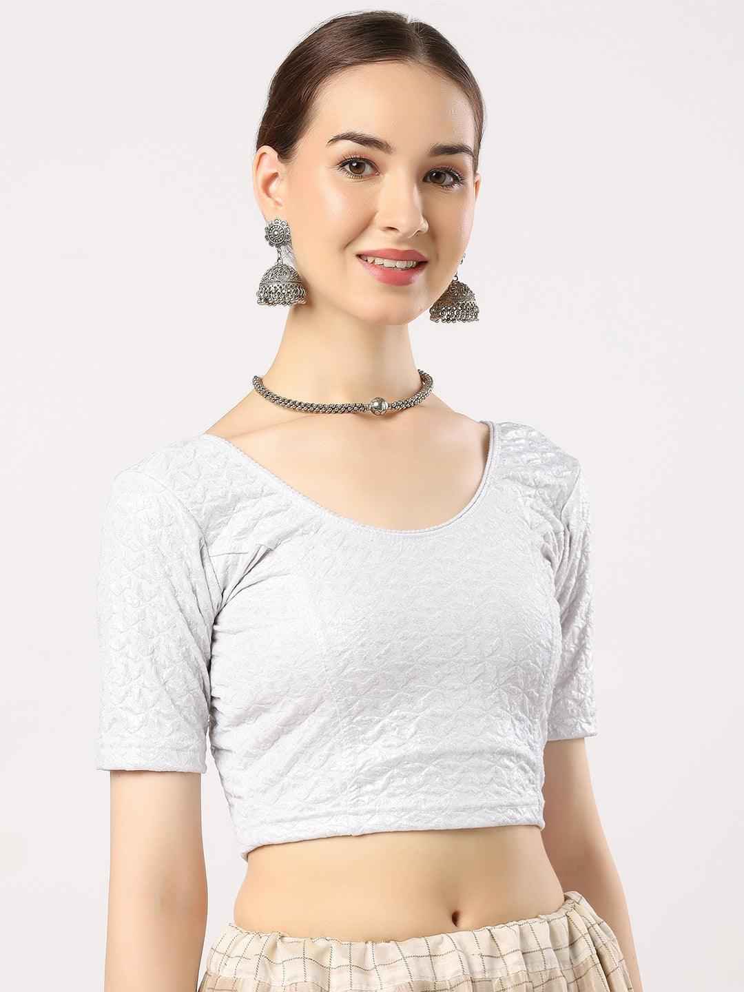 Stay On Trend: Latest Fashion Readymade Blouses for Women,round neckline,elbow sleeves in shimmer textured fabric.28008
