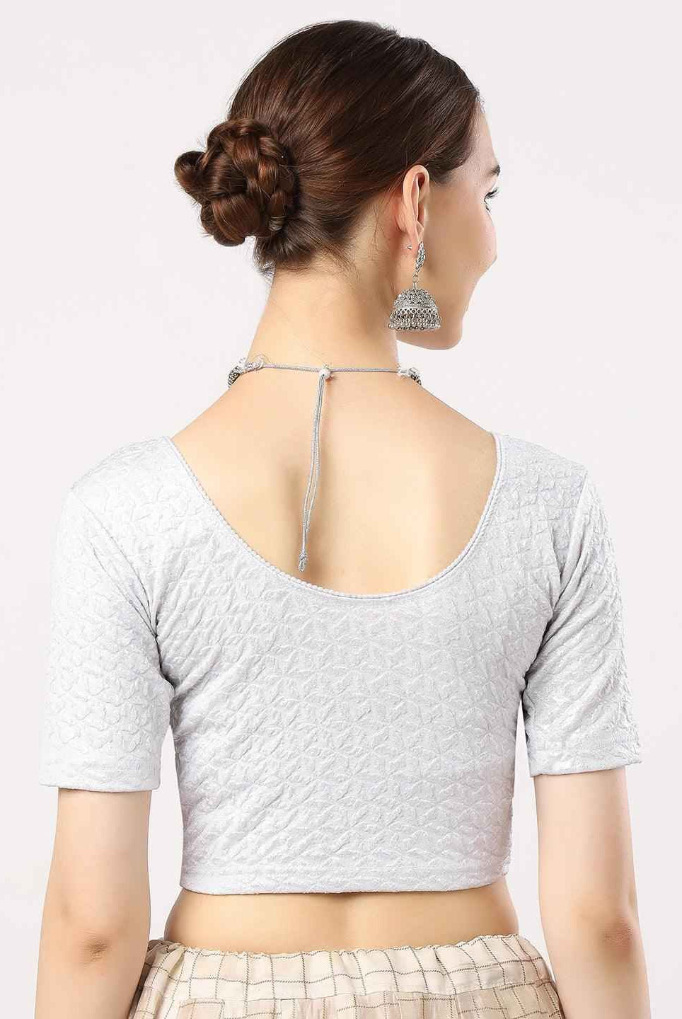 Stay On Trend: Latest Fashion Readymade Blouses for Women,round neckline,elbow sleeves in shimmer textured fabric.28008