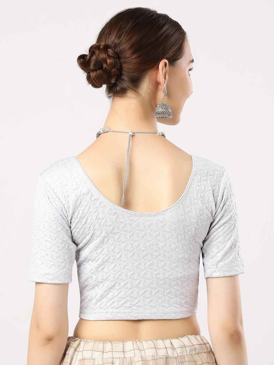 Stay On Trend: Latest Fashion Readymade Blouses for Women,round neckline,elbow sleeves in shimmer textured fabric.28008