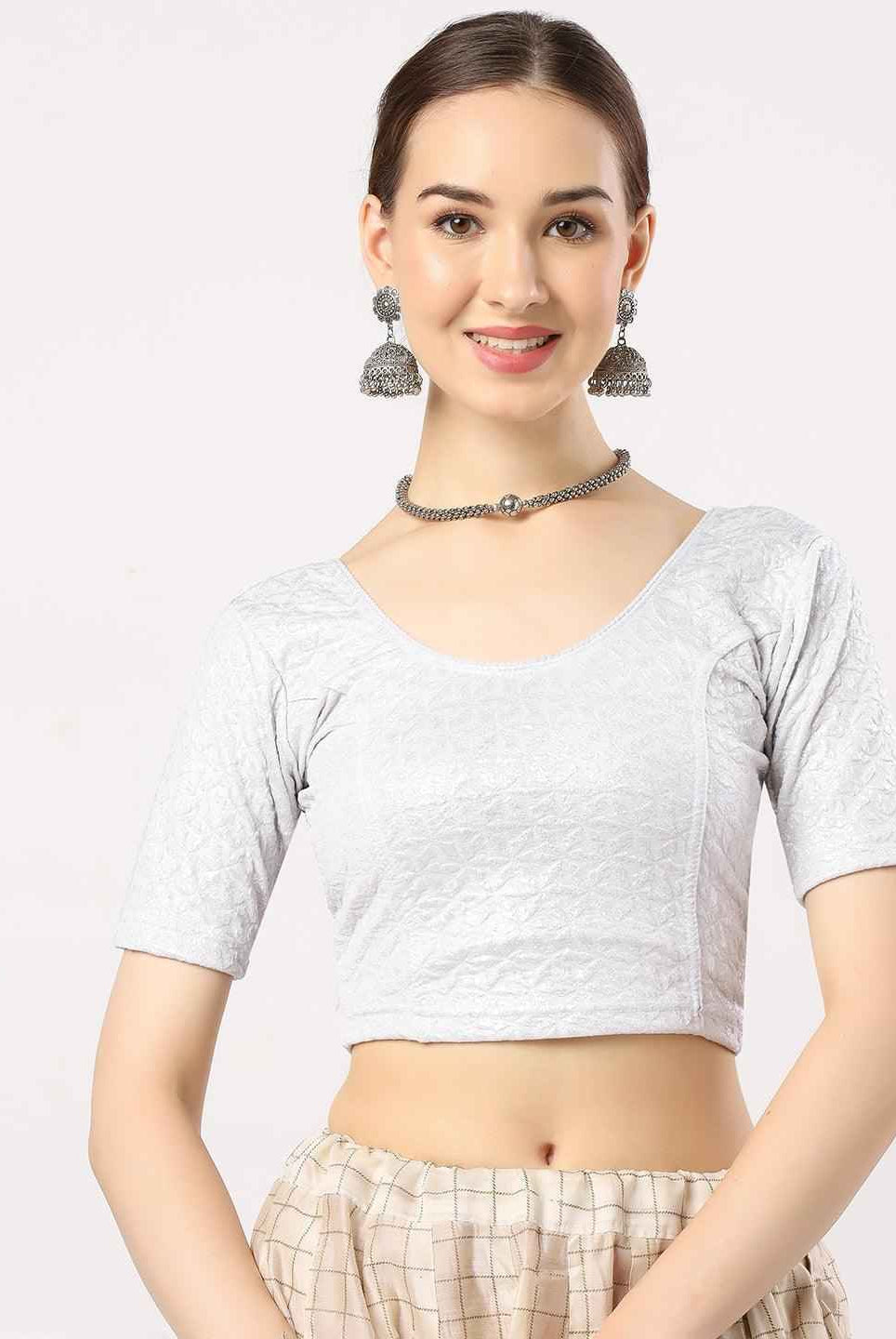 Stay On Trend: Latest Fashion Readymade Blouses for Women,round neckline,elbow sleeves in shimmer textured fabric.28008