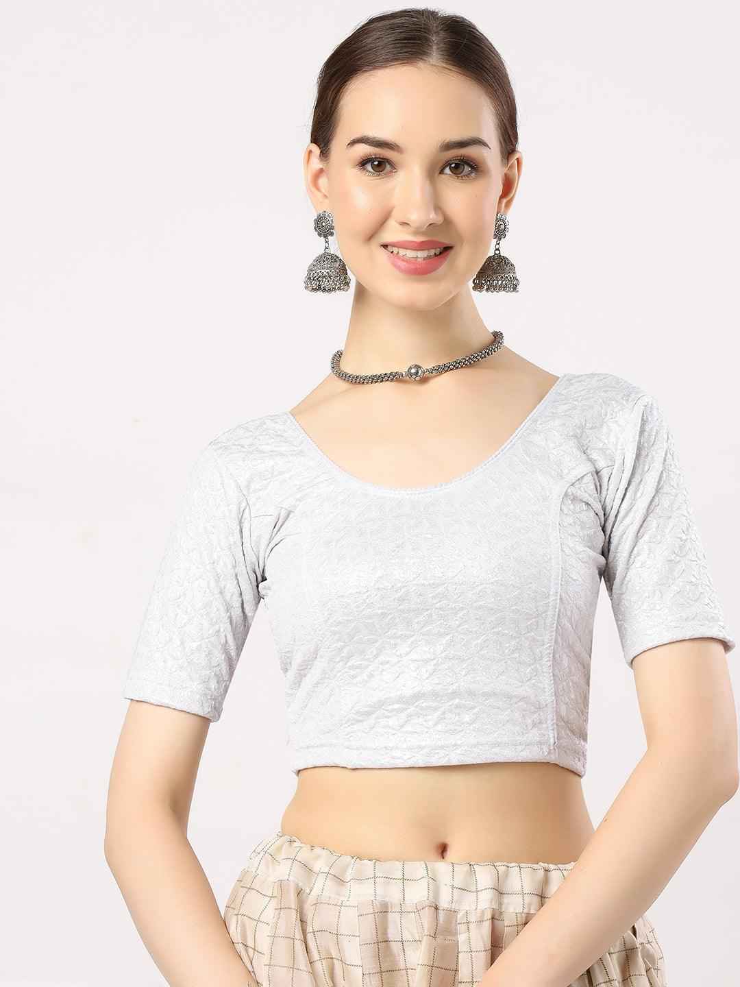 Stay On Trend: Latest Fashion Readymade Blouses for Women,round neckline,elbow sleeves in shimmer textured fabric.28008
