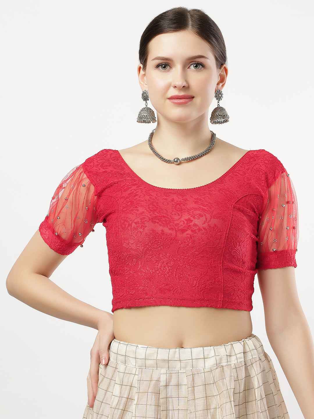 Stay On Trend: Latest Fashion Readymade Blouses for Women,round neckline,net balloon sleeves covered with swarovski and beads .33005