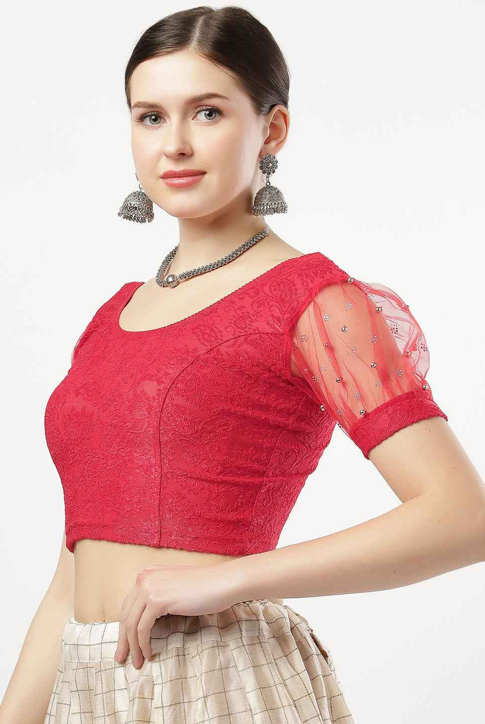 Stay On Trend: Latest Fashion Readymade Blouses for Women,round neckline,net balloon sleeves covered with swarovski and beads .33005