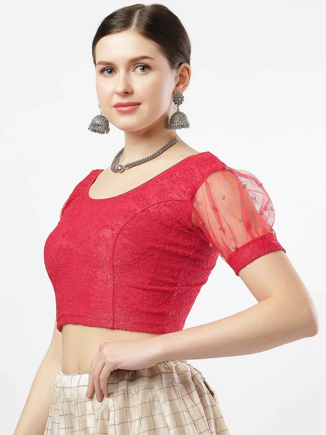 Stay On Trend: Latest Fashion Readymade Blouses for Women,round neckline,net balloon sleeves covered with swarovski and beads .33005