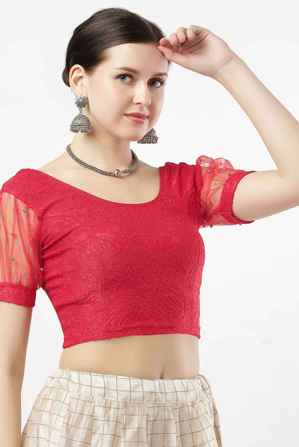 Stay On Trend: Latest Fashion Readymade Blouses for Women,round neckline,net balloon sleeves covered with swarovski and beads .33005