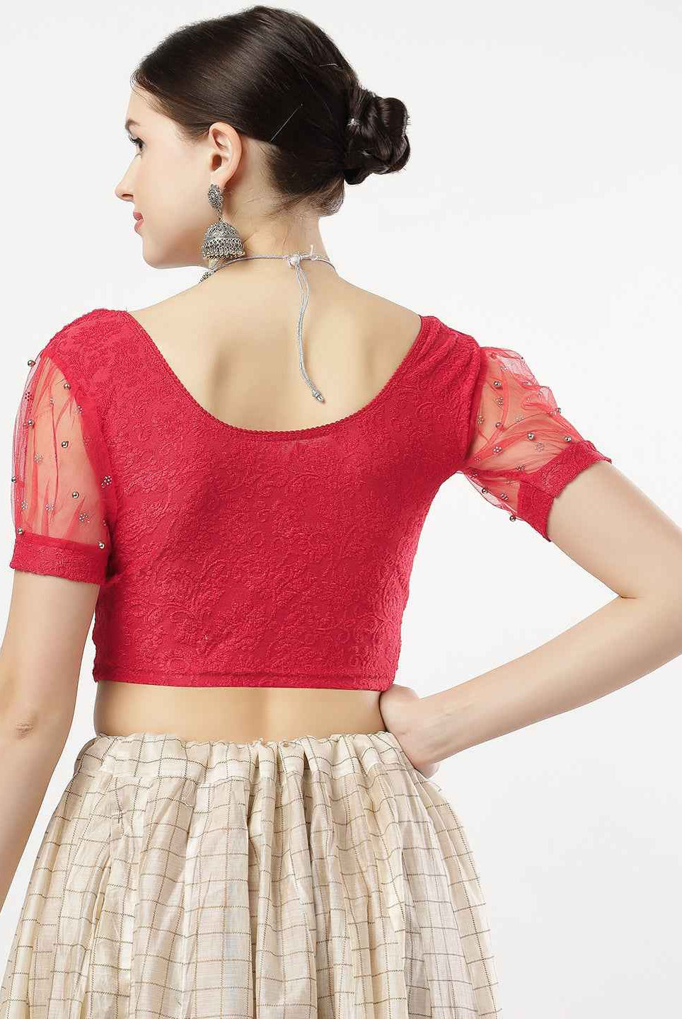 Stay On Trend: Latest Fashion Readymade Blouses for Women,round neckline,net balloon sleeves covered with swarovski and beads .33005