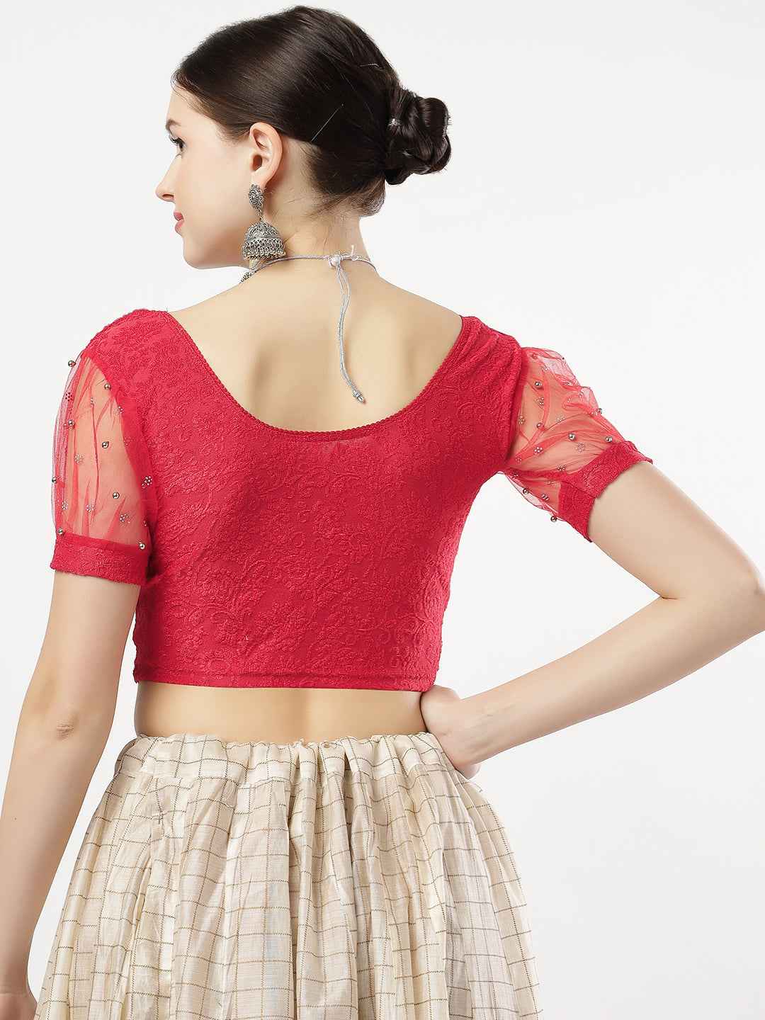 Stay On Trend: Latest Fashion Readymade Blouses for Women,round neckline,net balloon sleeves covered with swarovski and beads .33005