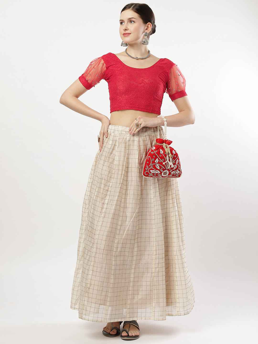 Stay On Trend: Latest Fashion Readymade Blouses for Women,round neckline,net balloon sleeves covered with swarovski and beads .33005