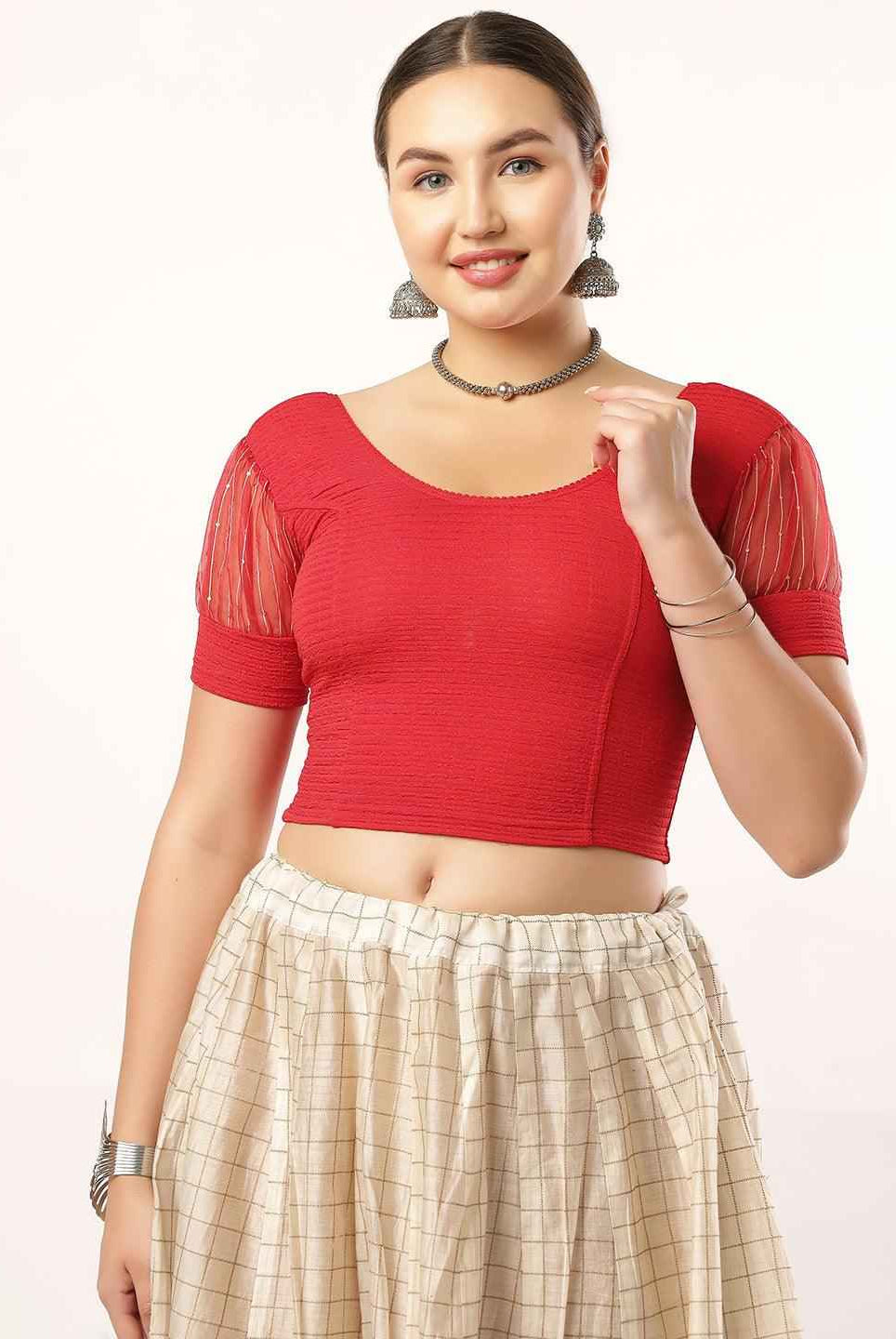 Stay On Trend: Organza Balloon Sleeves Blouse for Women, Round Neckline, Fabric Cuff, 5985