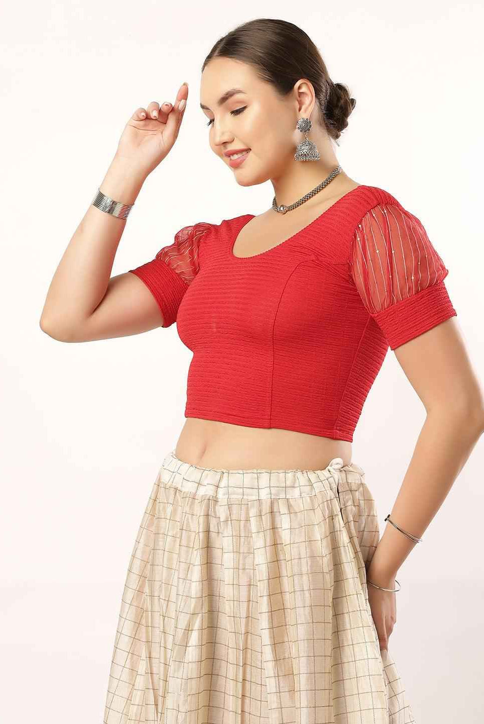 Stay On Trend: Organza Balloon Sleeves Blouse for Women, Round Neckline, Fabric Cuff, 5985