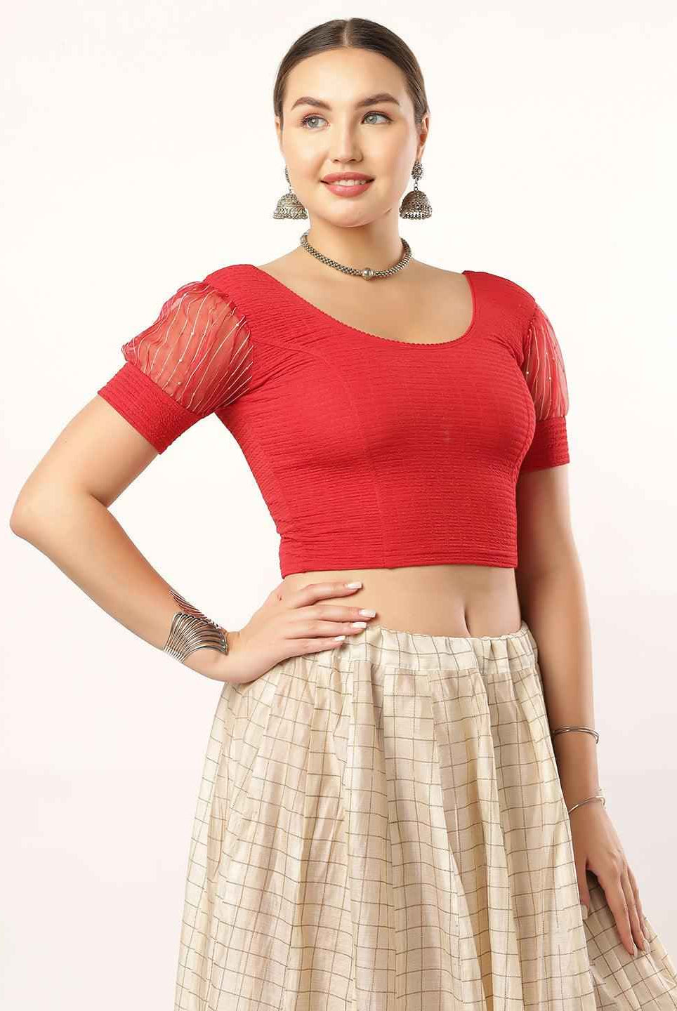 Stay On Trend: Organza Balloon Sleeves Blouse for Women, Round Neckline, Fabric Cuff, 5985