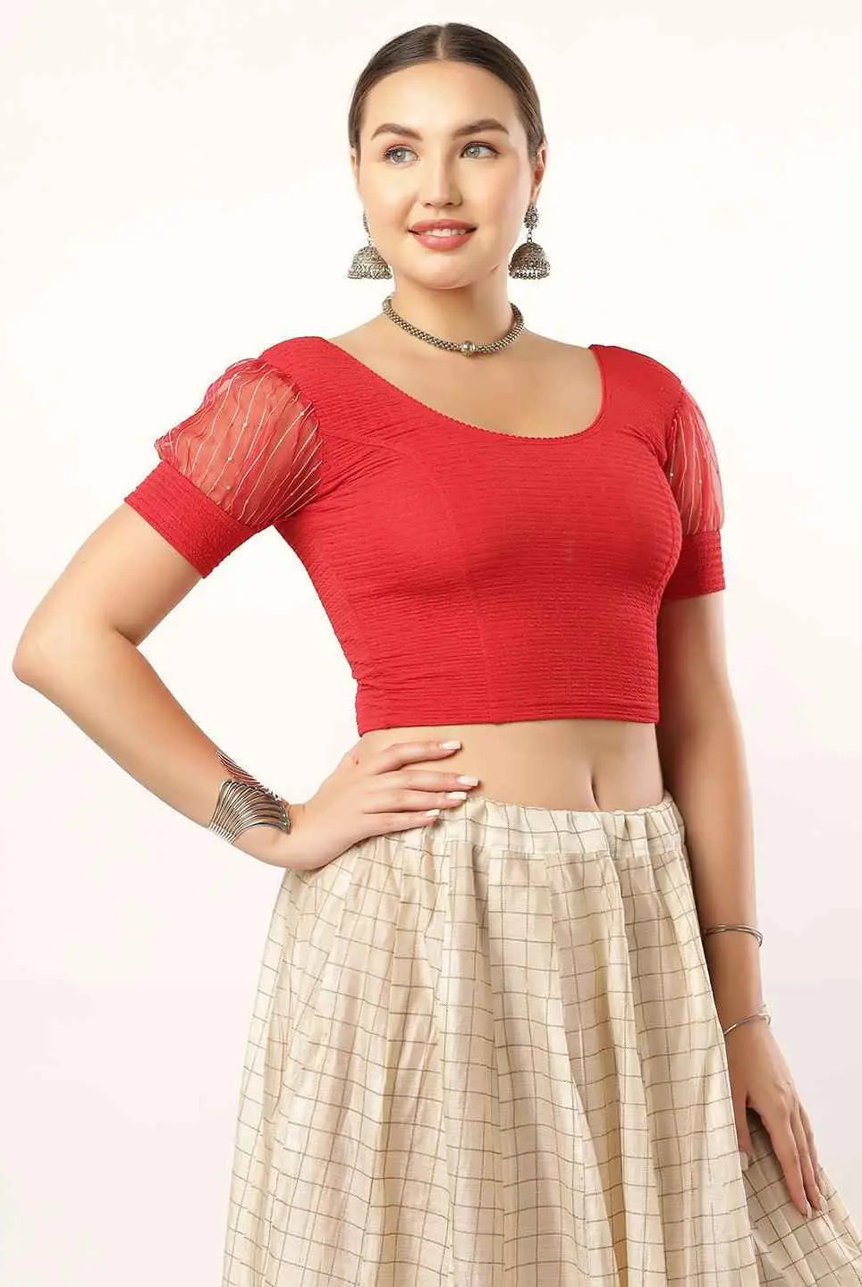 Stay On Trend: Organza Balloon Sleeves Blouse for Women, Round Neckline, Fabric Cuff, 5985