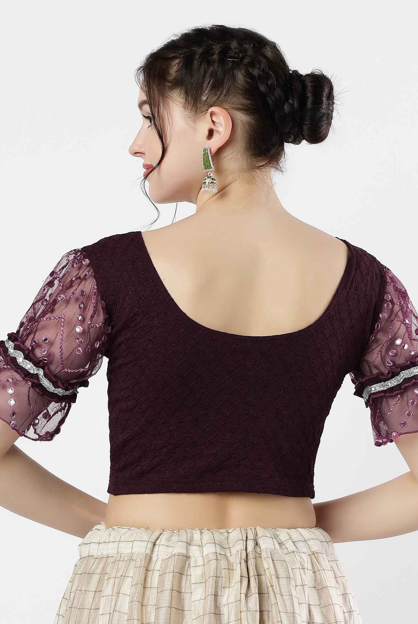 Stay On Trend: Latest Fashion Readymade Blouses for Women,round neckline,abala organza work balloon sleeves ,adorned with lace detail.35050
