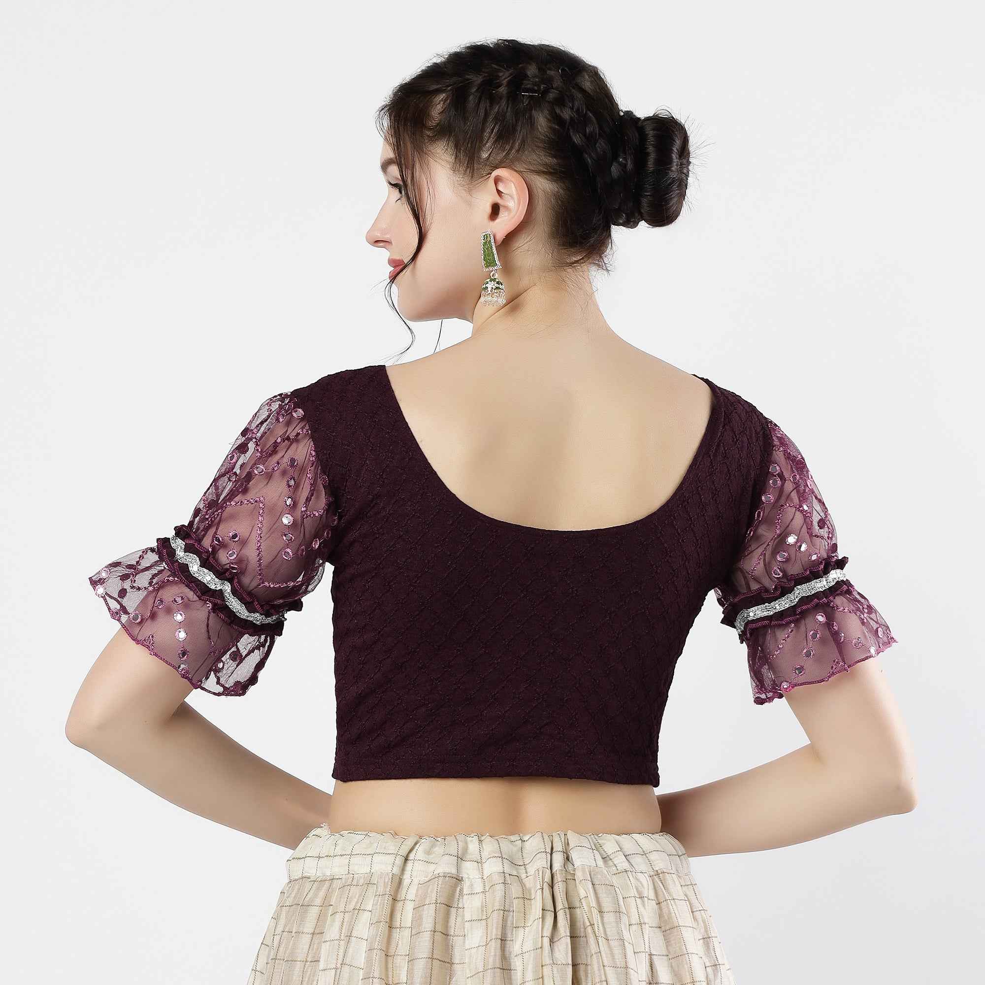 Stay On Trend: Latest Fashion Readymade Blouses for Women,round neckline,abala organza work balloon sleeves ,adorned with lace detail.35050