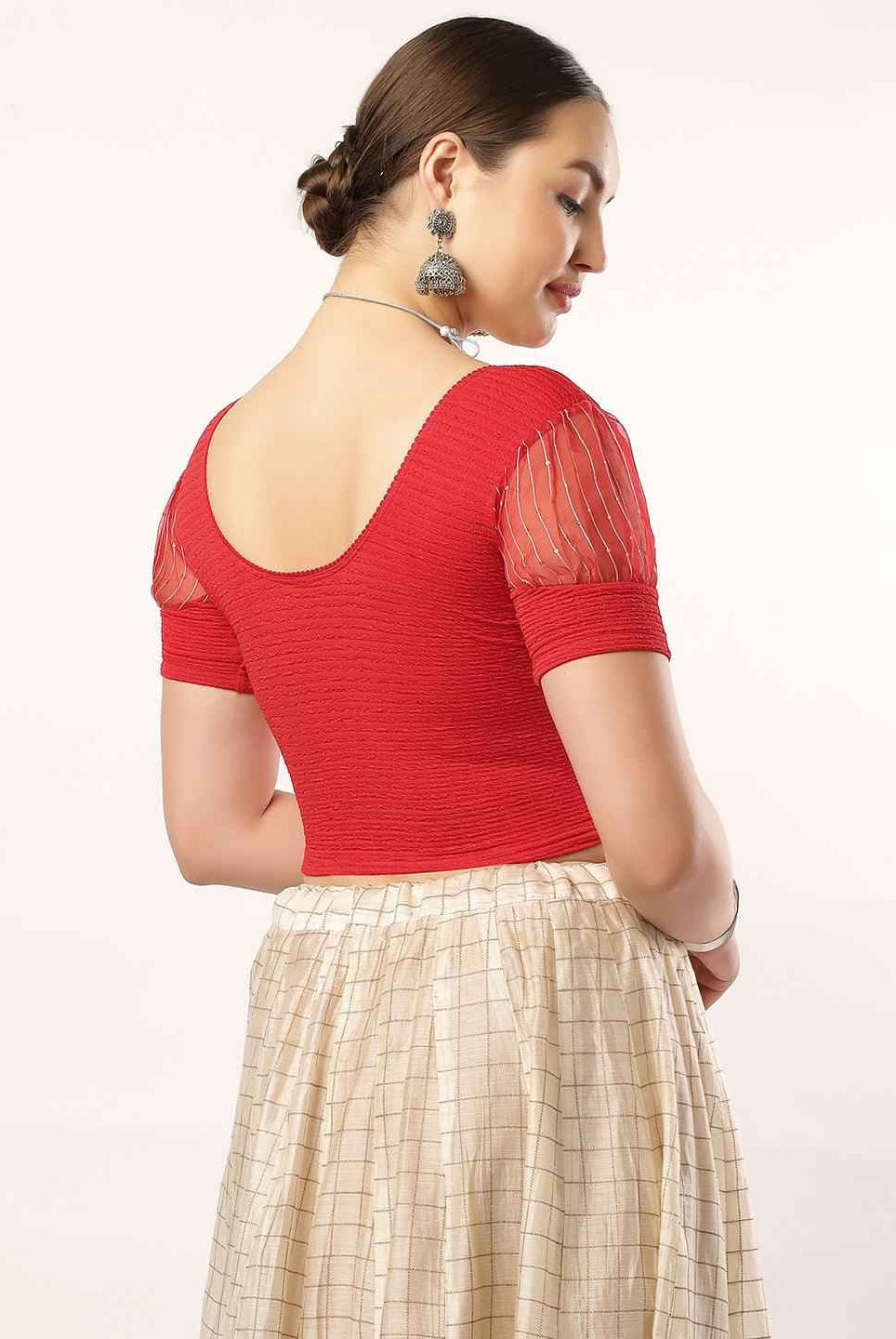 Stay On Trend: Organza Balloon Sleeves Blouse for Women, Round Neckline, Fabric Cuff, 5985