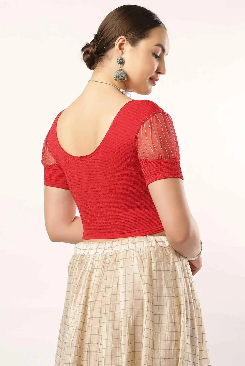 Stay On Trend: Organza Balloon Sleeves Blouse for Women, Round Neckline, Fabric Cuff, 5985