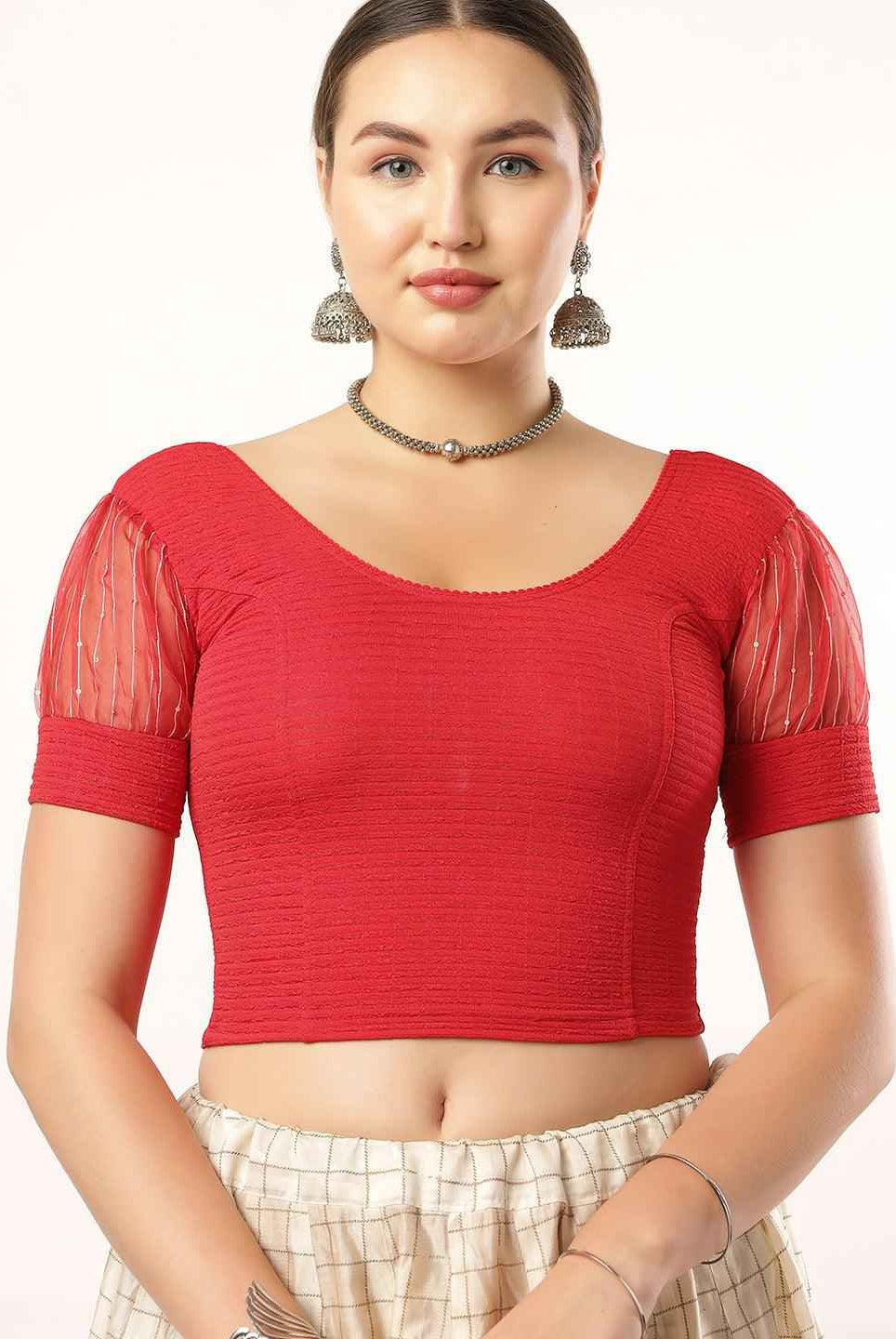 Stay On Trend: Organza Balloon Sleeves Blouse for Women, Round Neckline, Fabric Cuff, 5985