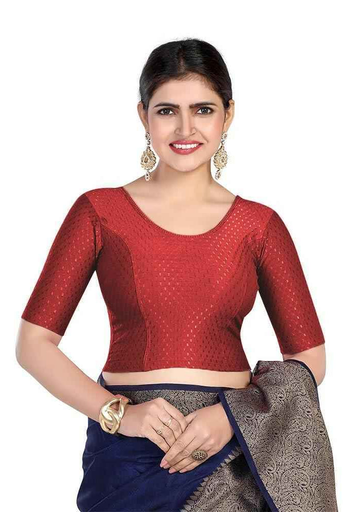 FINESTFIT 100% Cotton Fabric Stretchable Round Neck Elbow Sleeve Readymade Saree Blouse for Women - 4096 (Copy)
