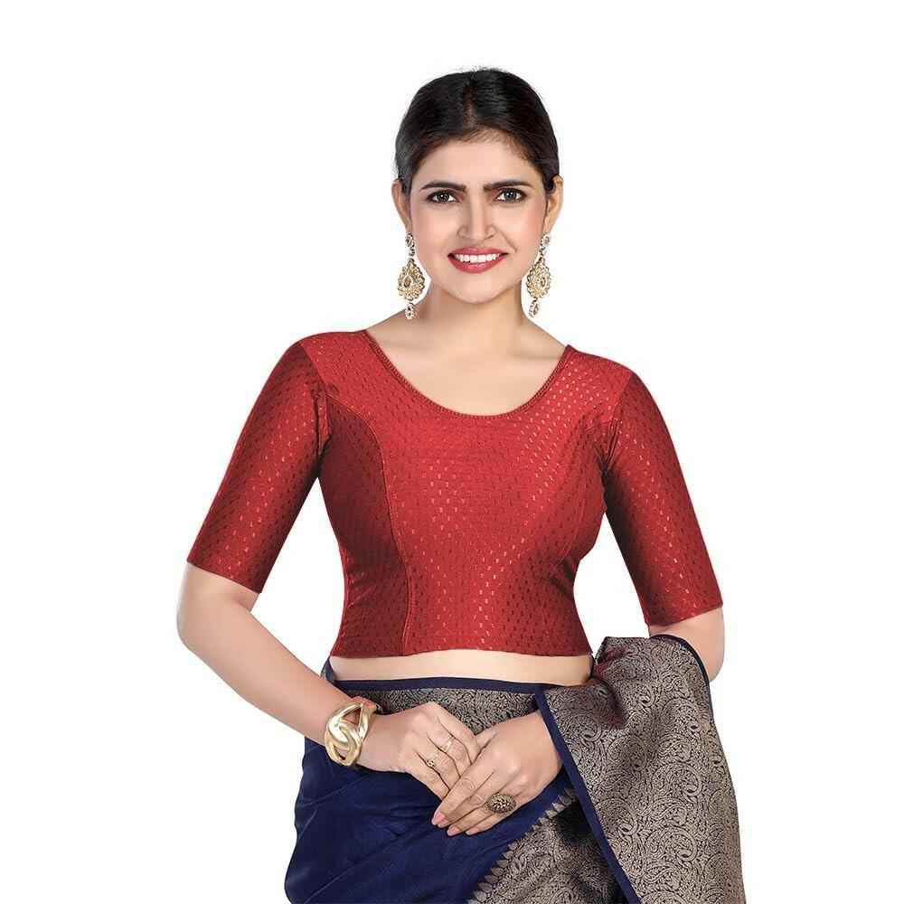 FINESTFIT 100% Cotton Fabric Stretchable Round Neck Elbow Sleeve Readymade Saree Blouse for Women - 4096