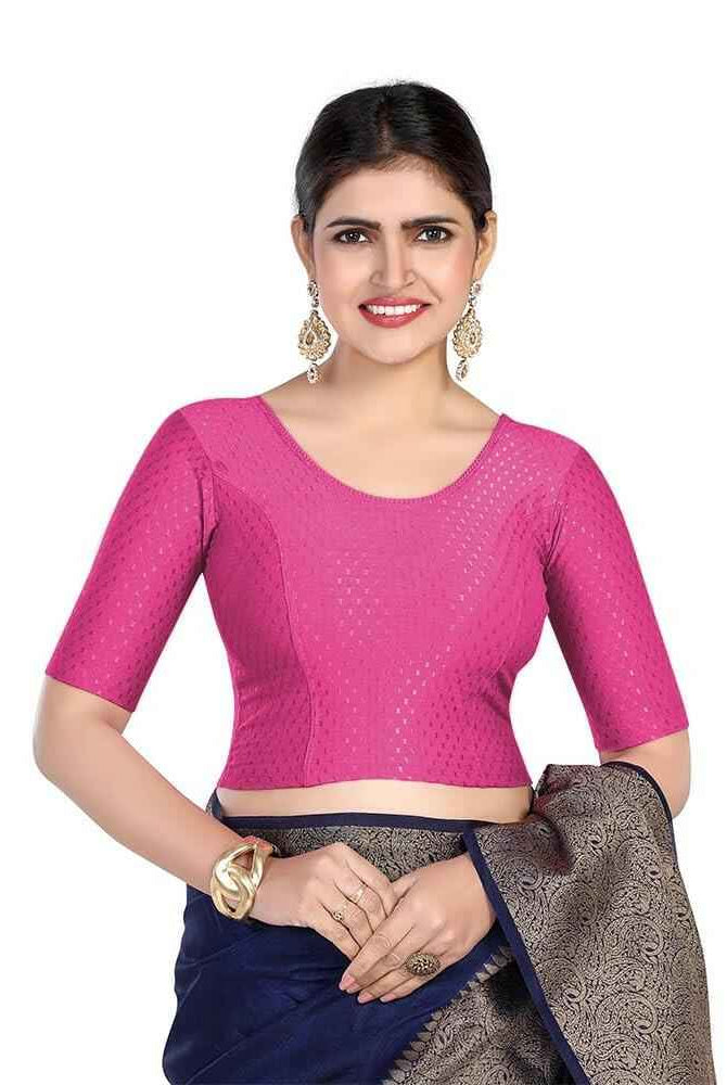 FINESTFIT 100% Cotton Fabric Stretchable Round Neck Elbow Sleeve Readymade Saree Blouse for Women - 4096