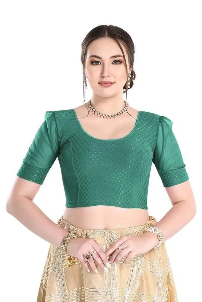 FINESTFIT Readymade Organza Balloon Sleeves Blouse for Women - 100% Cotton Dobby, Round Neckline, Latest Fashion 4520