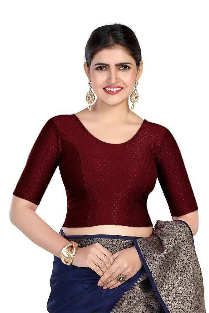 FINESTFIT 100% Cotton Fabric Stretchable Round Neck Elbow Sleeve Readymade Saree Blouse for Women - 4096 (Copy)