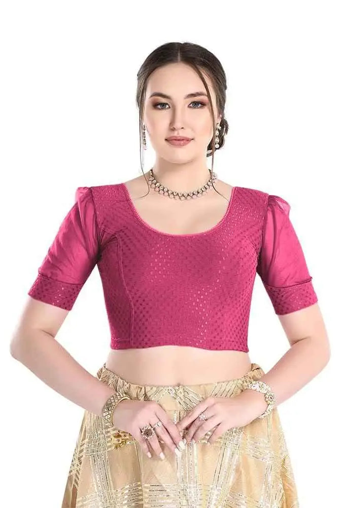 FINESTFIT Readymade Organza Balloon Sleeves Blouse for Women - 100% Cotton Dobby, Round Neckline, Latest Fashion 4520