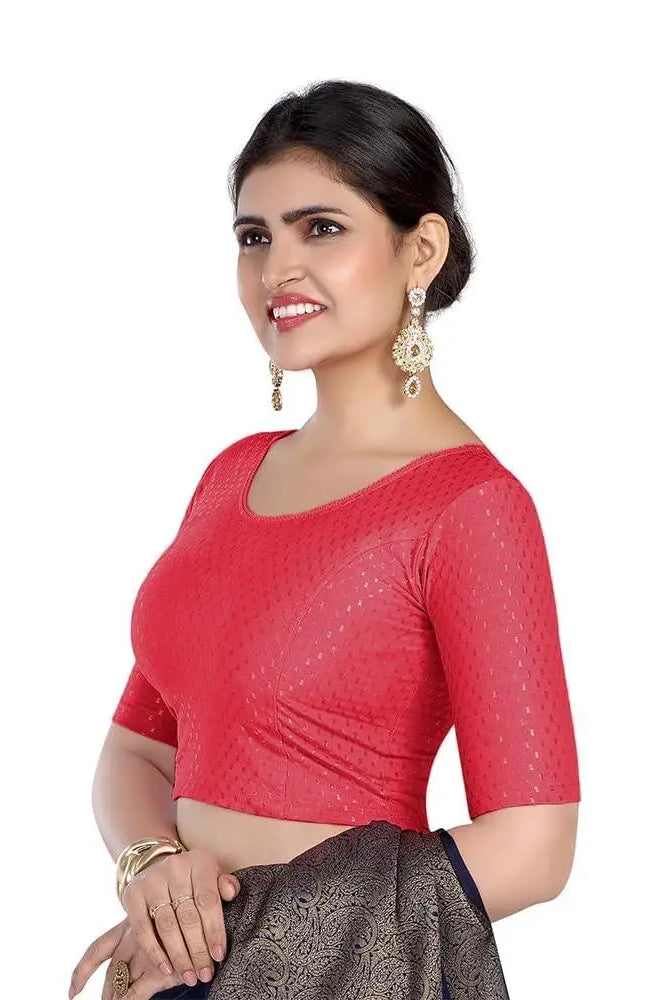 FINESTFIT Round Neck 100% Cotton Dobby Fabric Stretchable Elbow Sleeve Readymade Saree Blouse for Women.4096