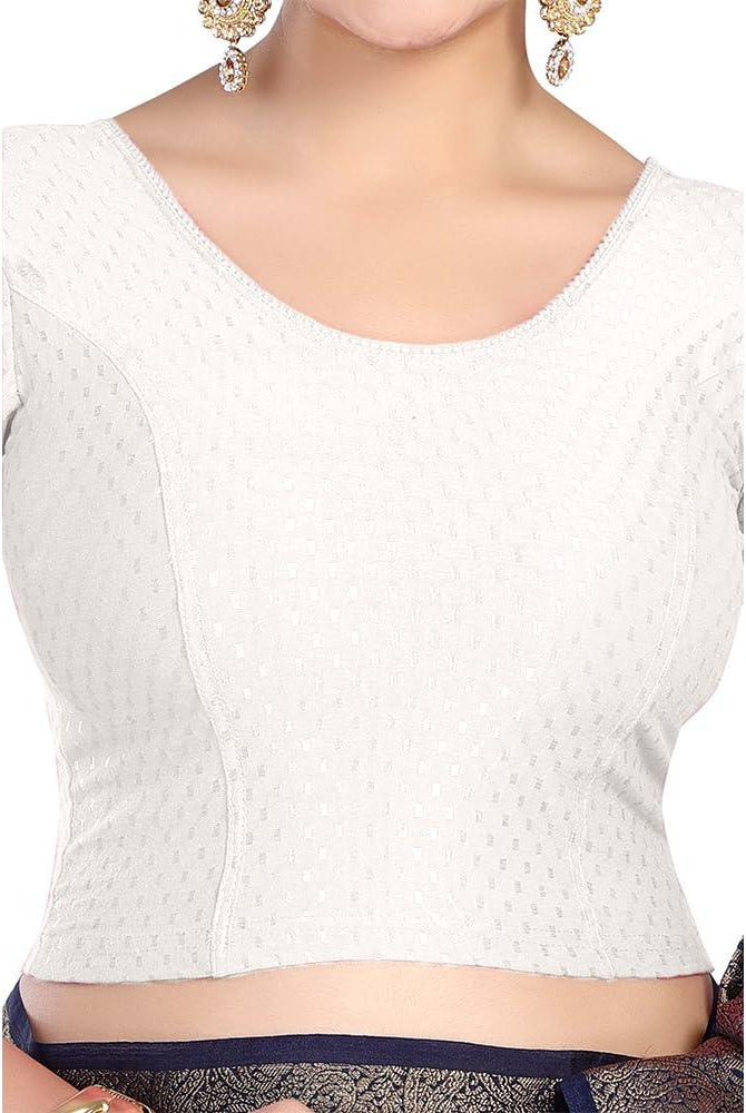 FINESTFIT Round Neck 100% Cotton Dobby Fabric Stretchable Elbow Sleeve Readymade Saree Blouse for Women.4096