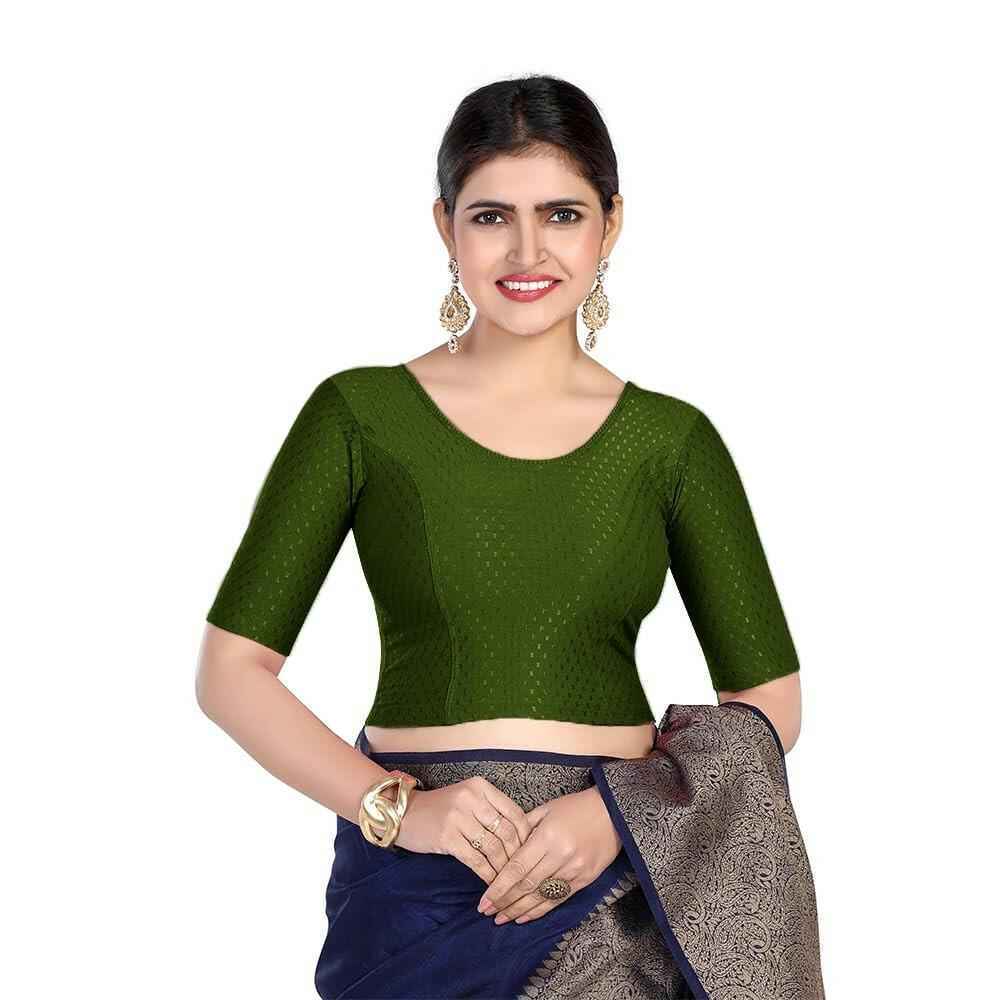 FINESTFIT 100% Cotton Fabric Stretchable Round Neck Elbow Sleeve Readymade Saree Blouse for Women - 4096 (Copy)