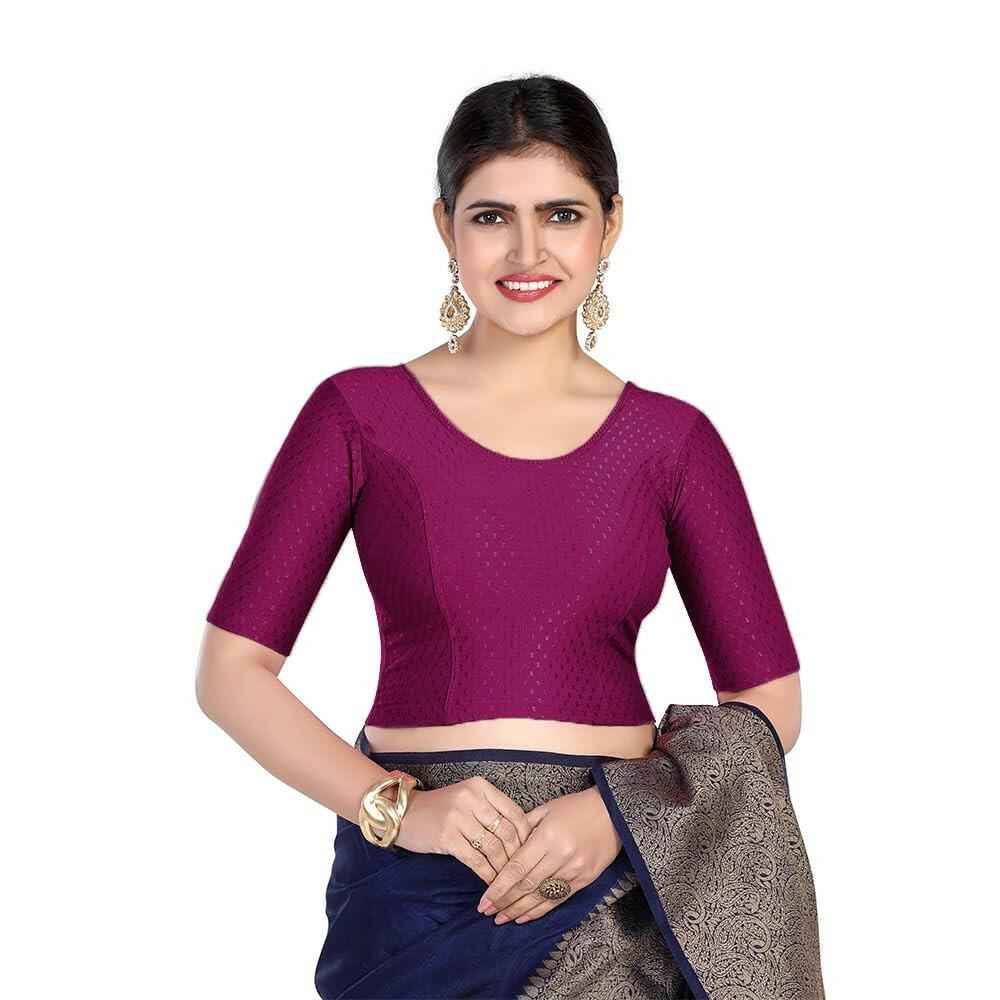FINESTFIT 100% Cotton Fabric Stretchable Round Neck Elbow Sleeve Readymade Saree Blouse for Women - 4096