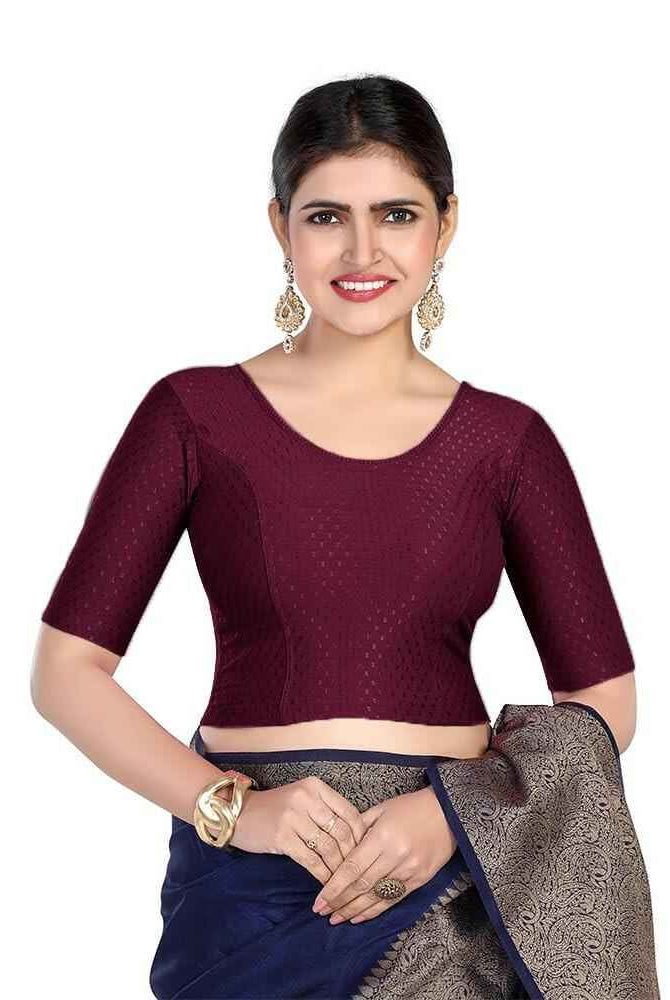 FINESTFIT 100% Cotton Fabric Stretchable Round Neck Elbow Sleeve Readymade Saree Blouse for Women - 4096